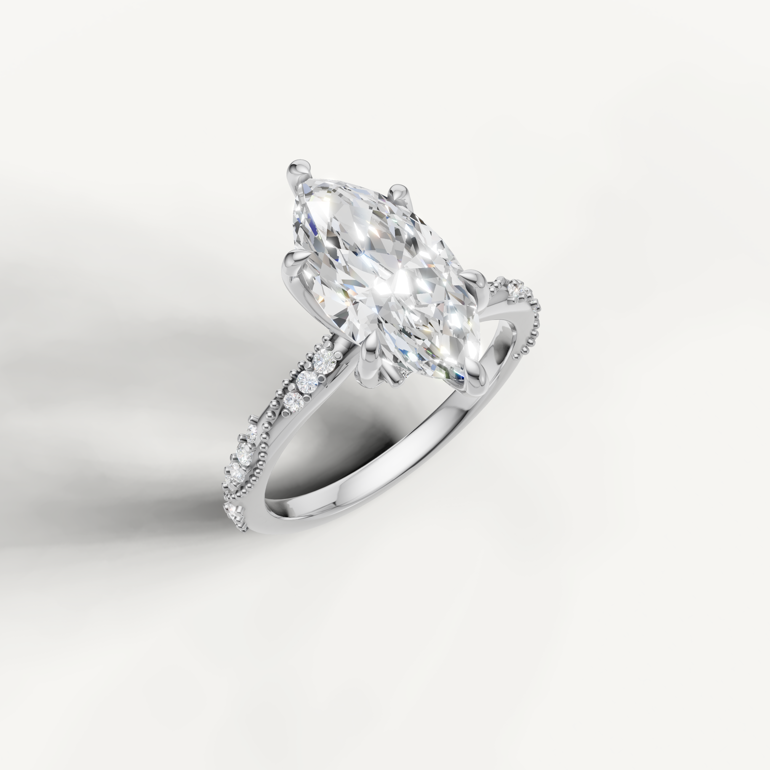 IGI certified marquise lab diamond ring with crossover pavé shank 14k white gold