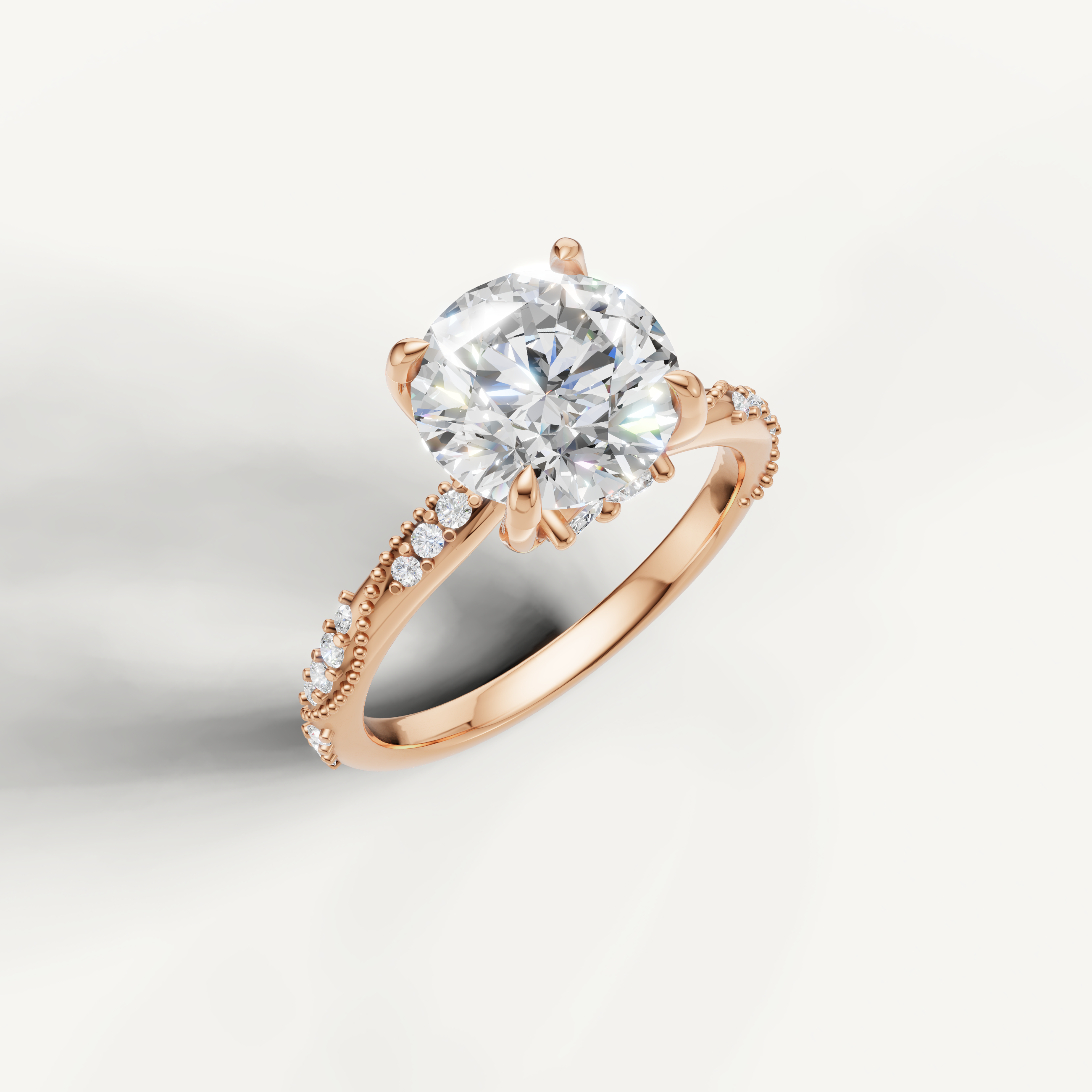 IGI certified round lab diamond ring with crossover pavé shank 14k rose gold