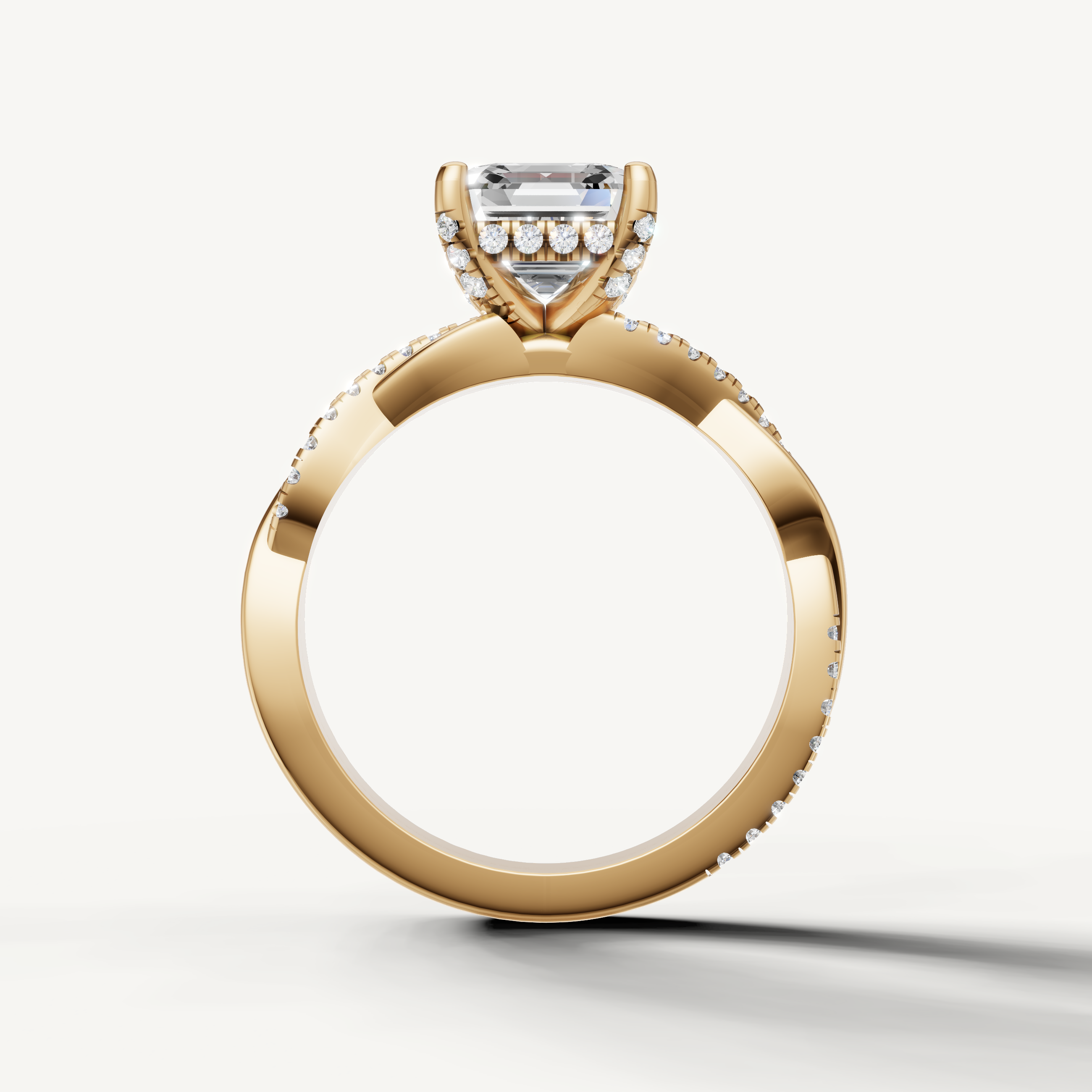 modern asscher cut lab grown diamond bypass ring in 14k yellow gold with delicate pavé diamond detailing