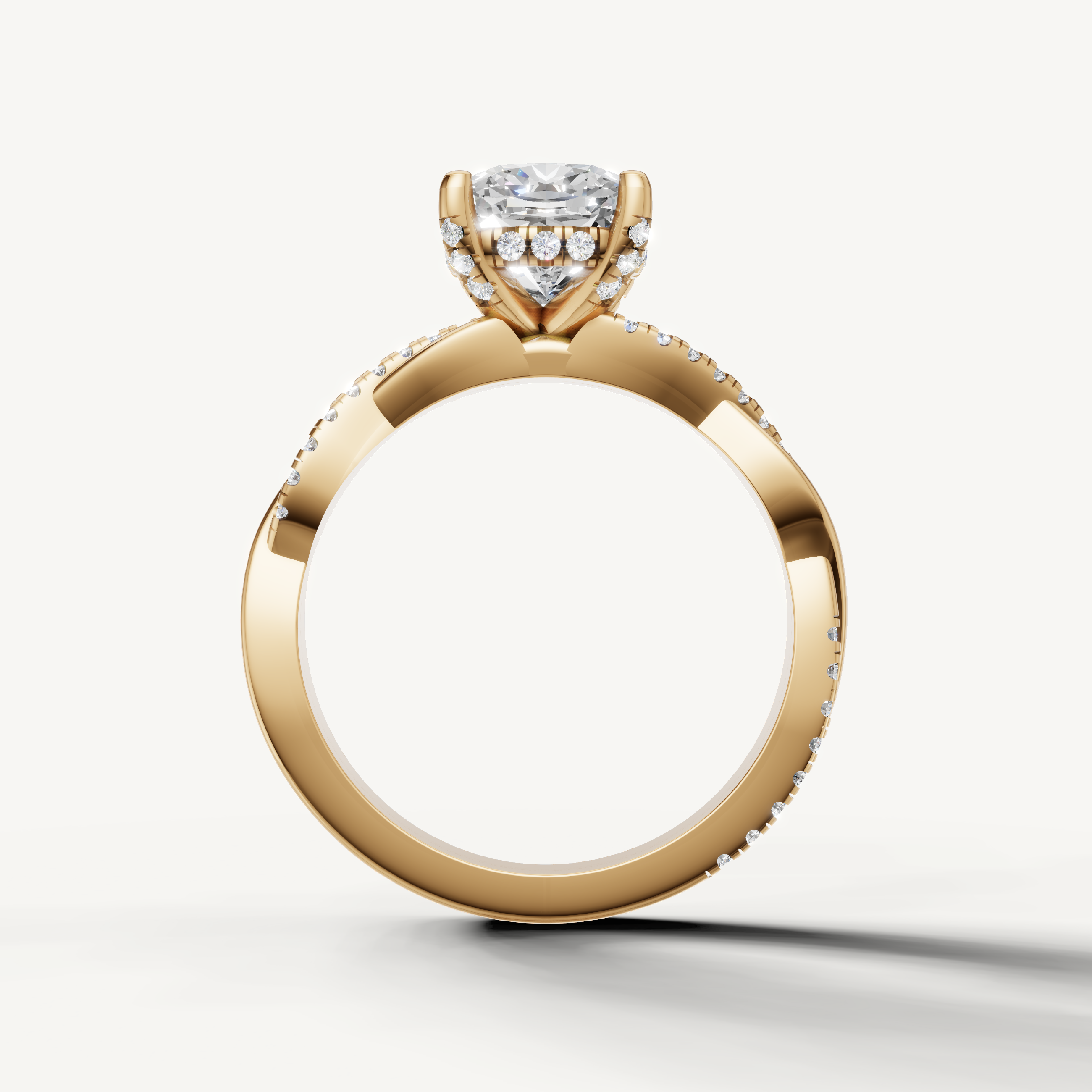 modern cushion cut lab grown diamond bypass ring in 14k yellow gold with elegant pavé diamond accents