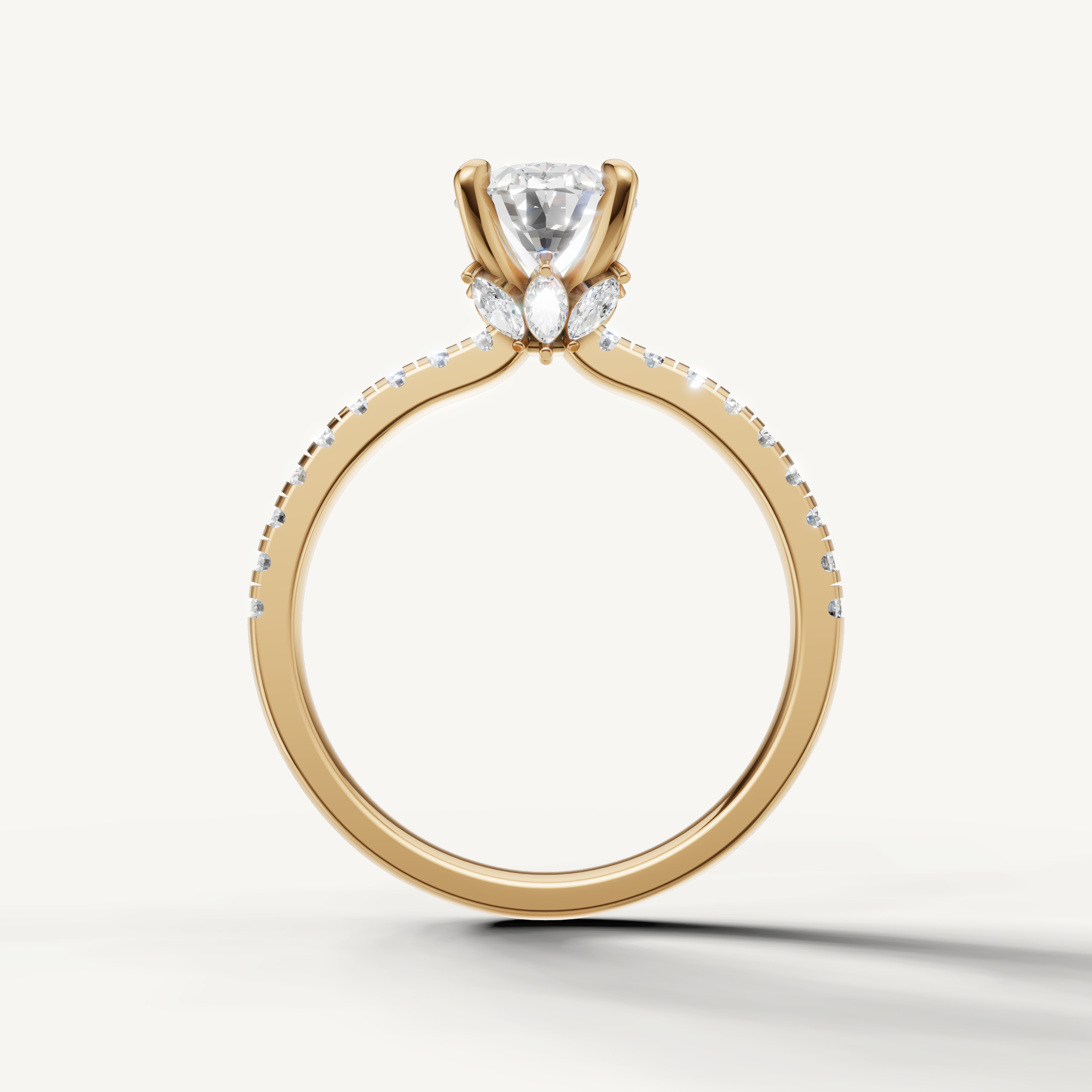 Oval shape lab grown diamond ring with half pavé band yellow gold modern style