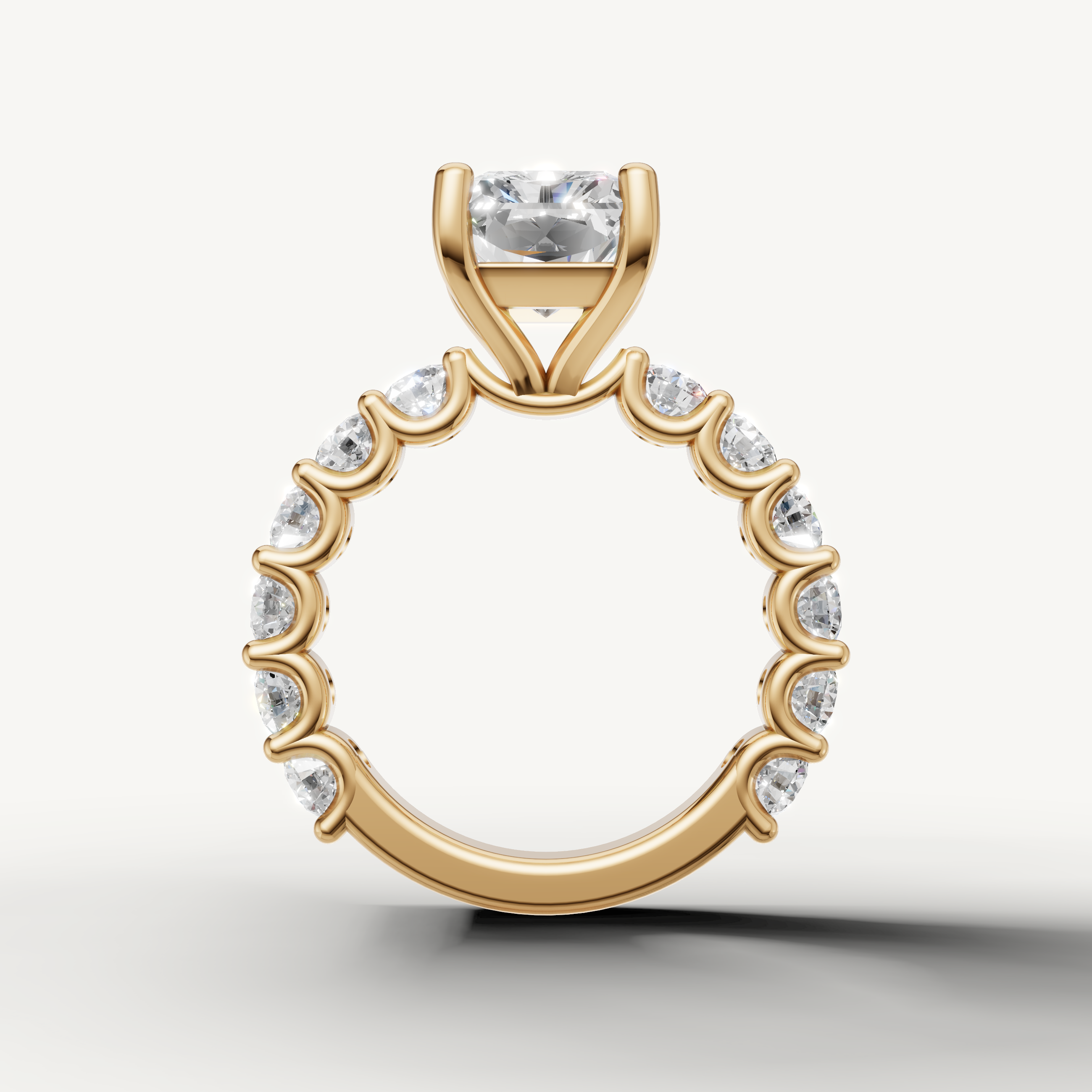 Elegant radiant cut engagement ring with full eternity band yellow gold profile