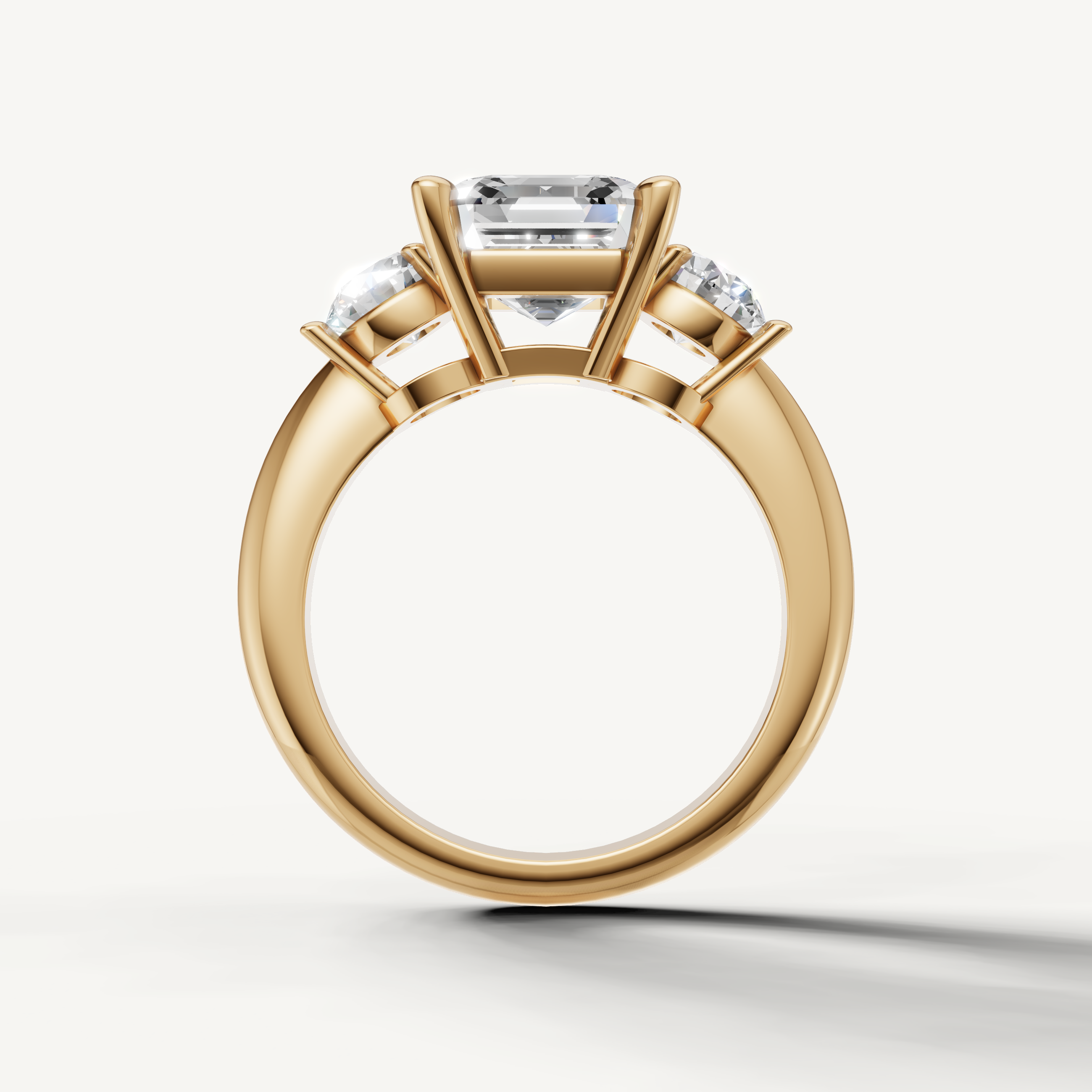 Vintage style asscher diamond engagement ring with round side stones yellow gold
