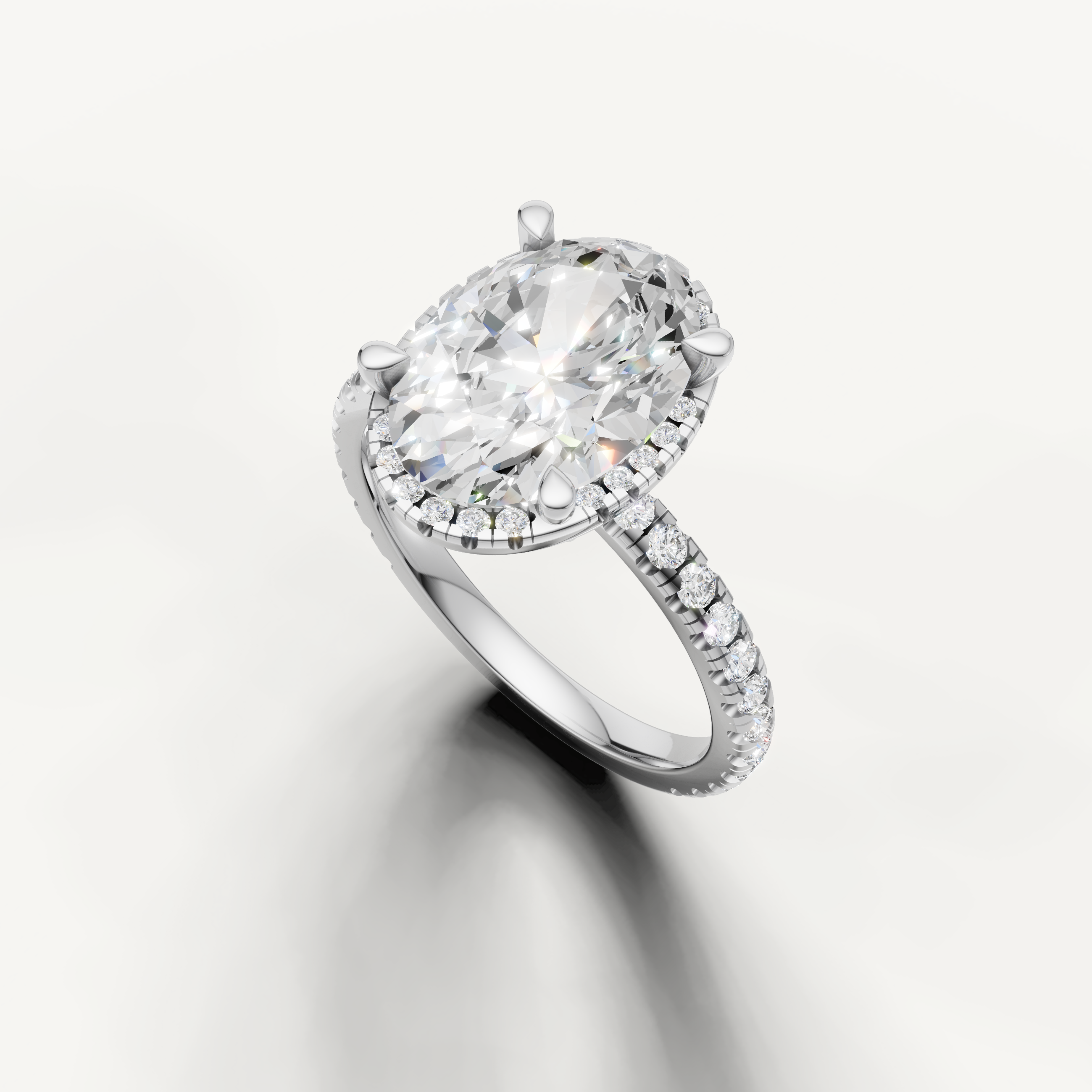 Elongated oval lab diamond ring with hidden halo pavé band white gold elegant design