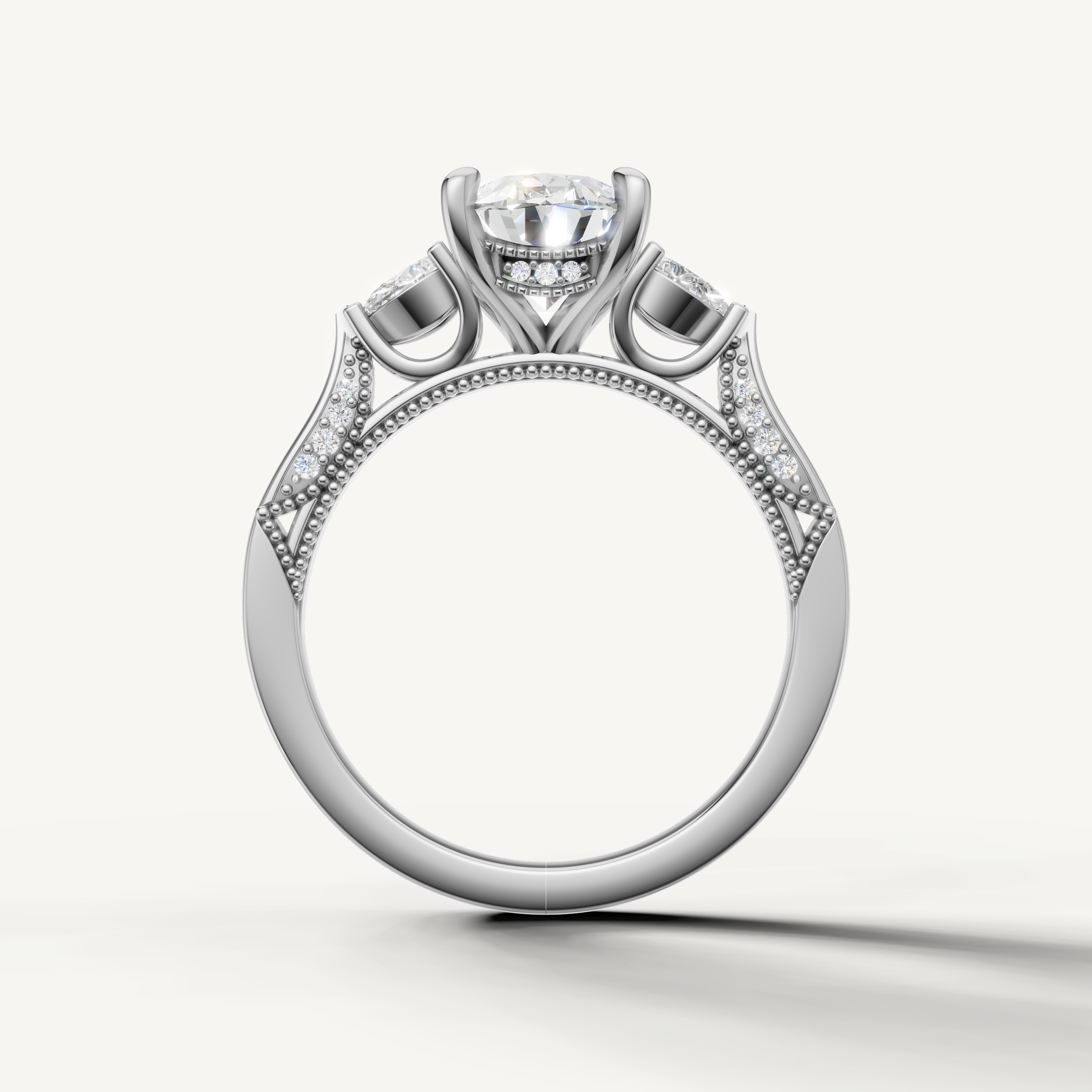 Oval shape lab grown diamond engagement ring with pear side diamonds white gold elegant
