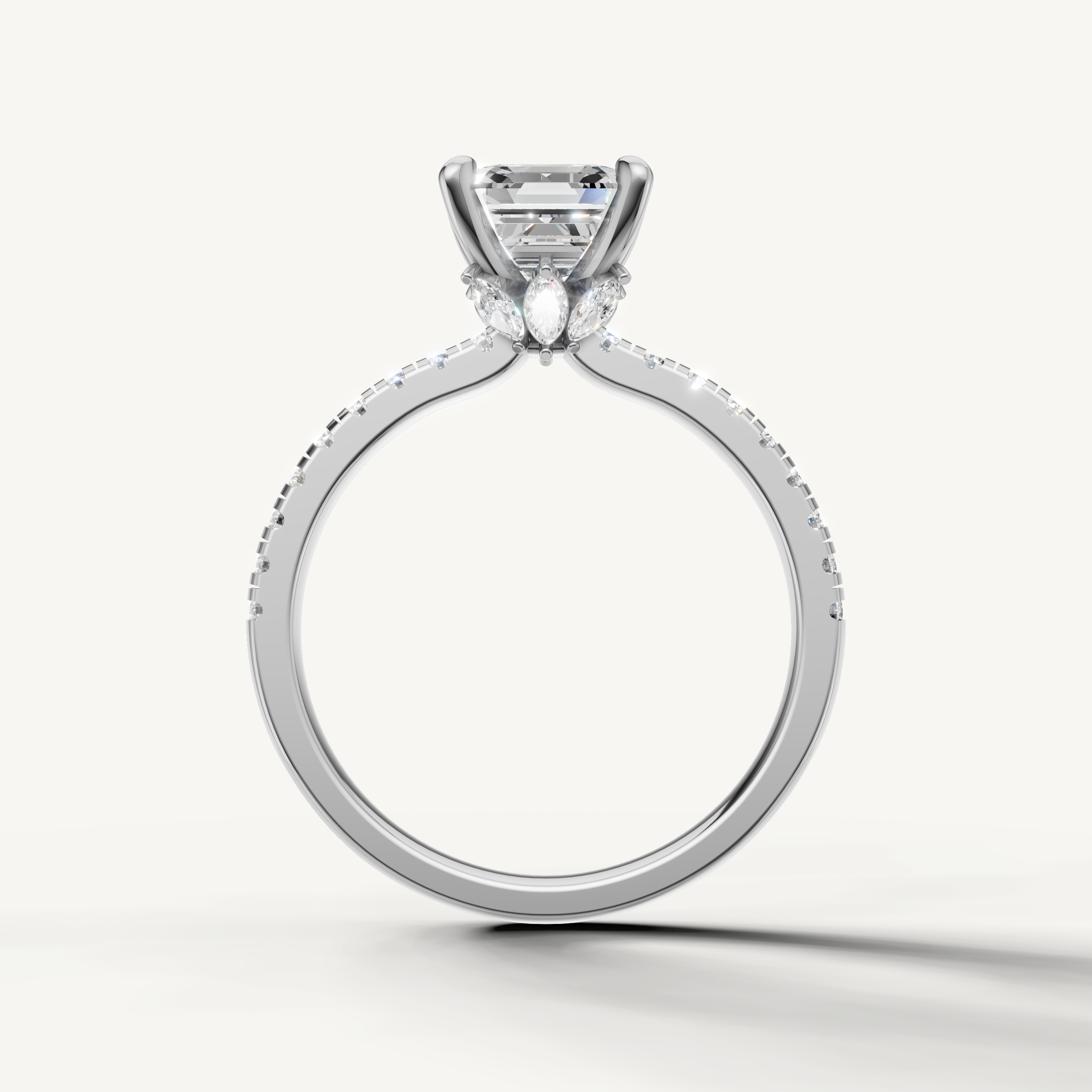 Square step cut lab grown diamond ring with pavé band white gold elegant design