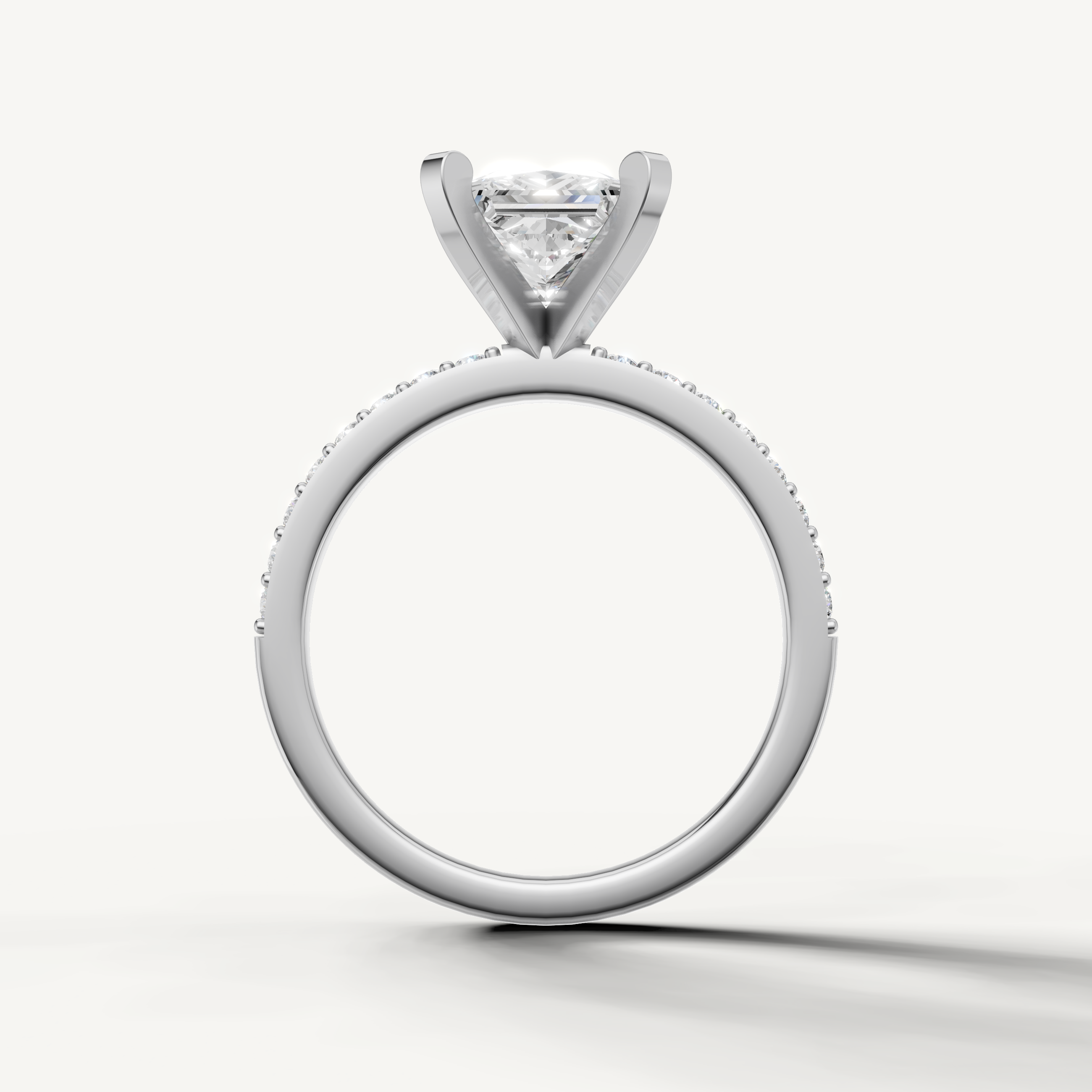 Classic princess cut diamond engagement ring in white gold slim pavé band