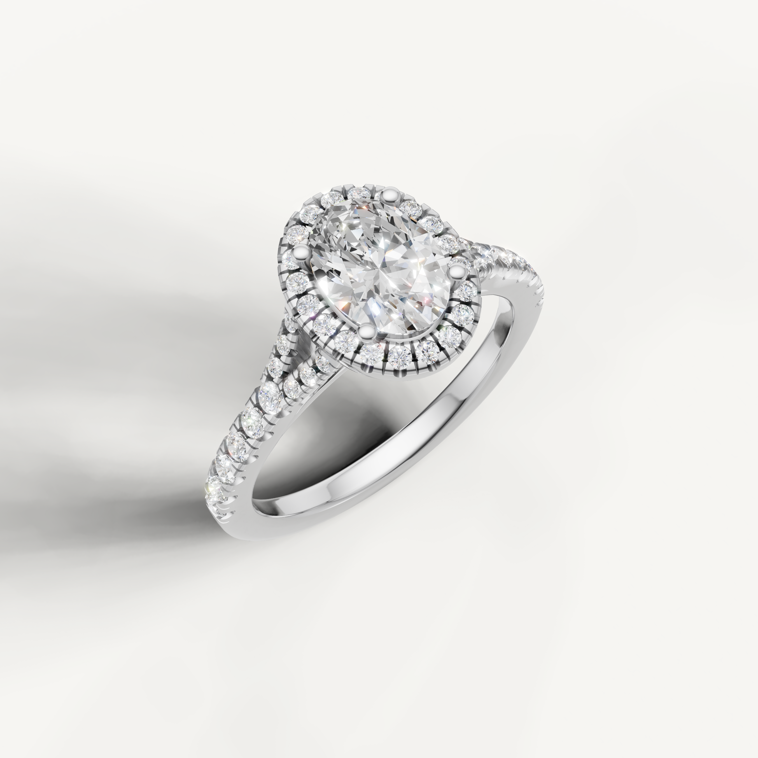 IGI certified oval lab diamond halo ring with pavé band white gold DEF VVS