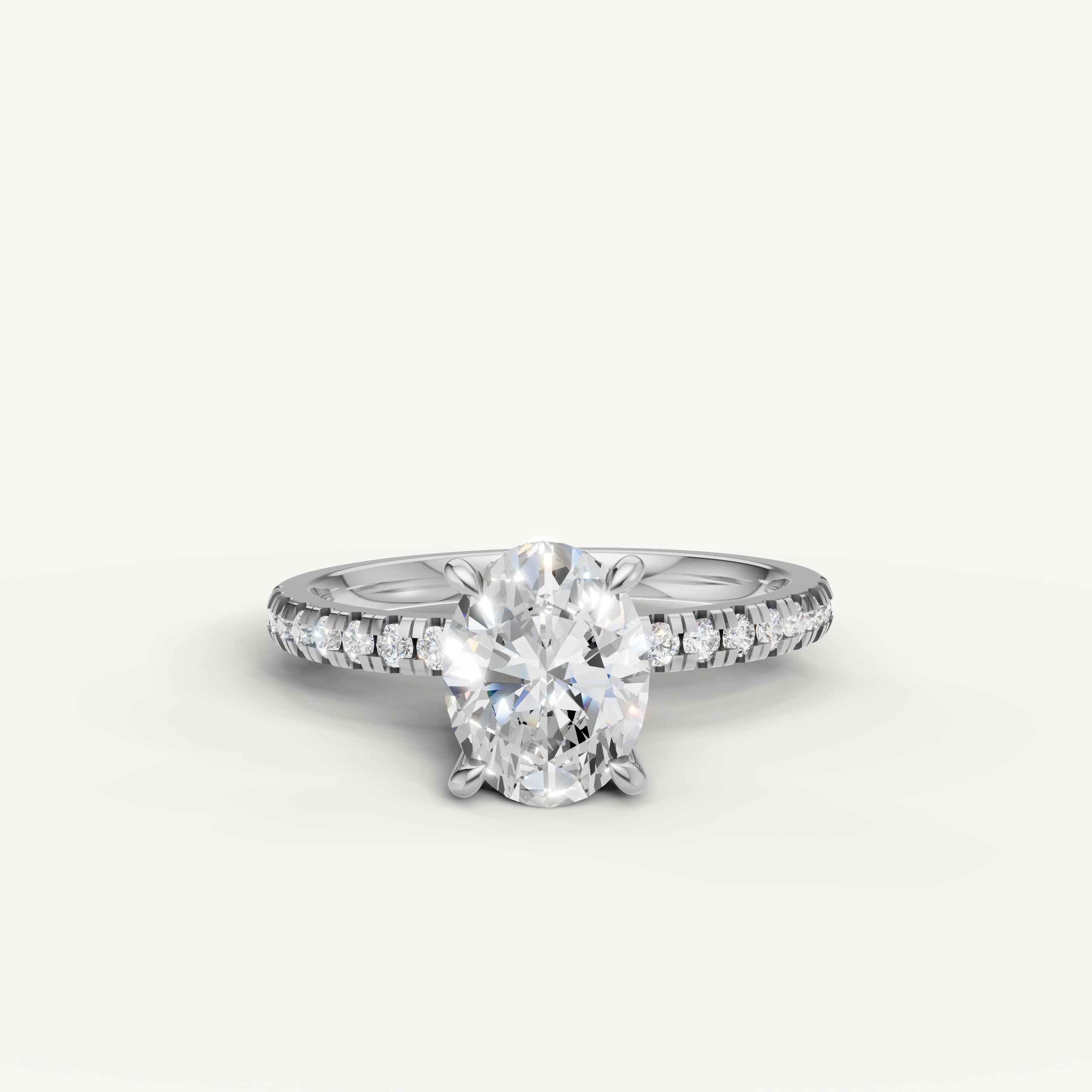 Oval cut lab grown diamond engagement ring with pavé band white gold 4 prong setting