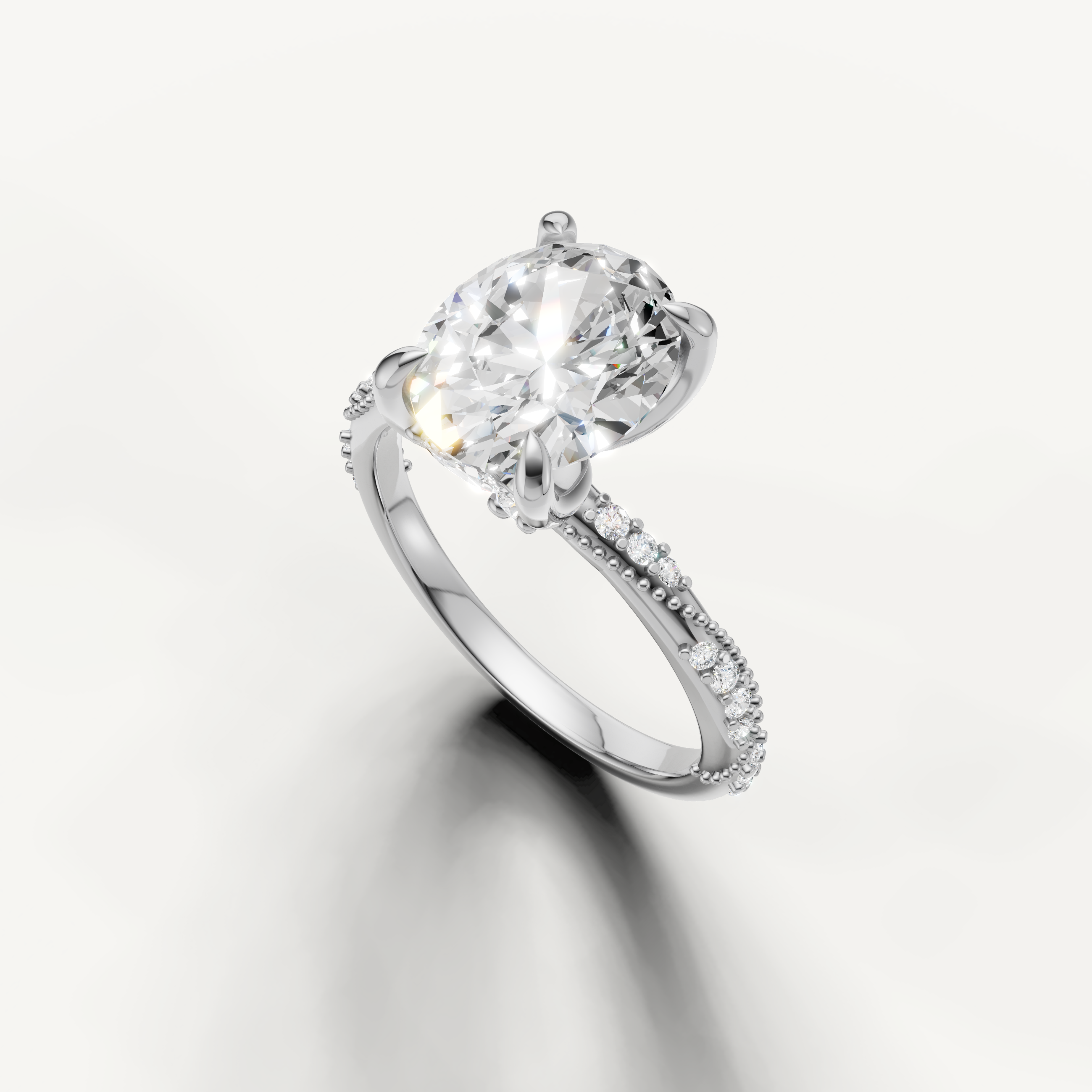 oval lab grown diamond ring with delicate twisted pavé setting white gold