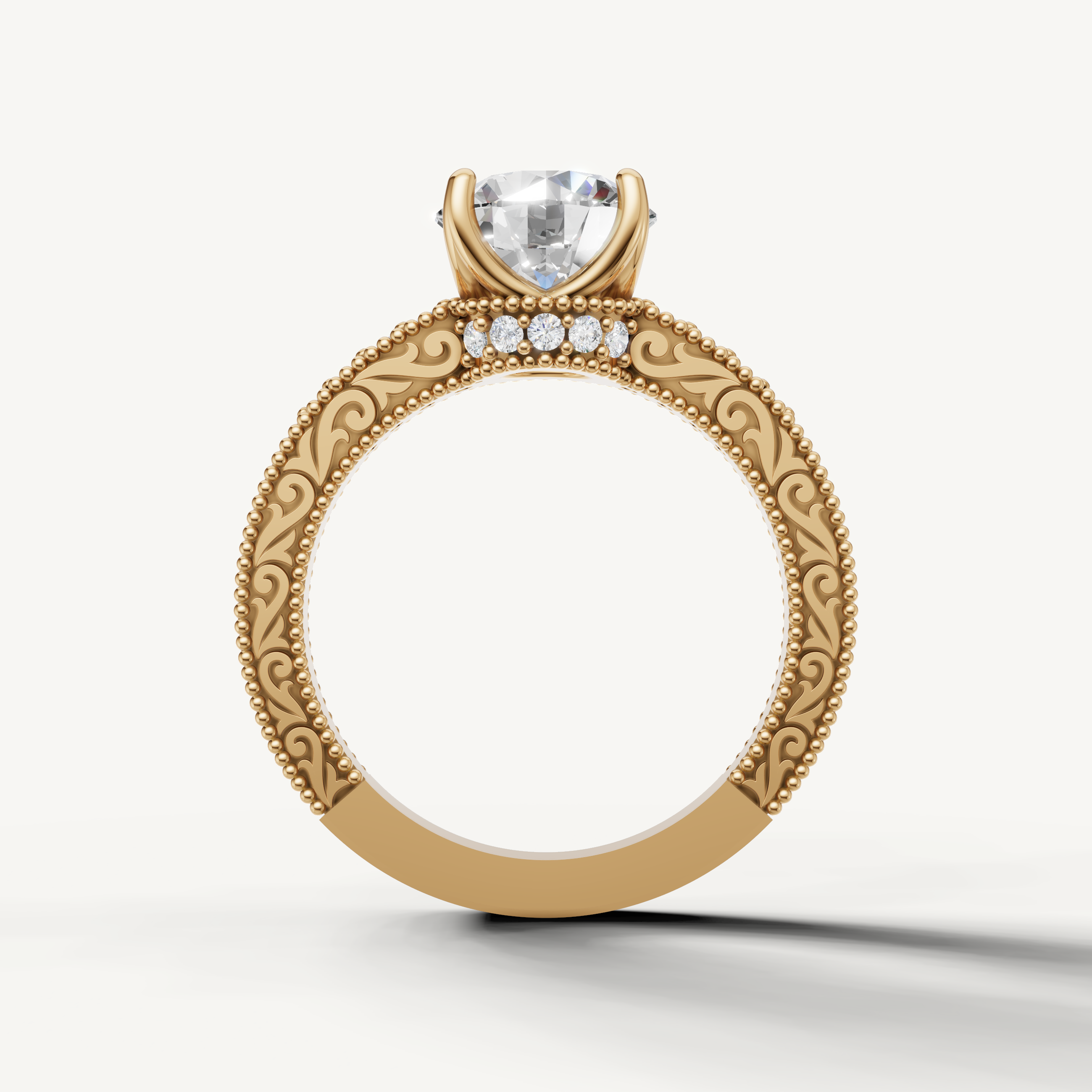 Antique-inspired round cut lab grown diamond engagement ring in 14K yellow gold with ornate milgrain craftsmanship by Raul Diamonds.