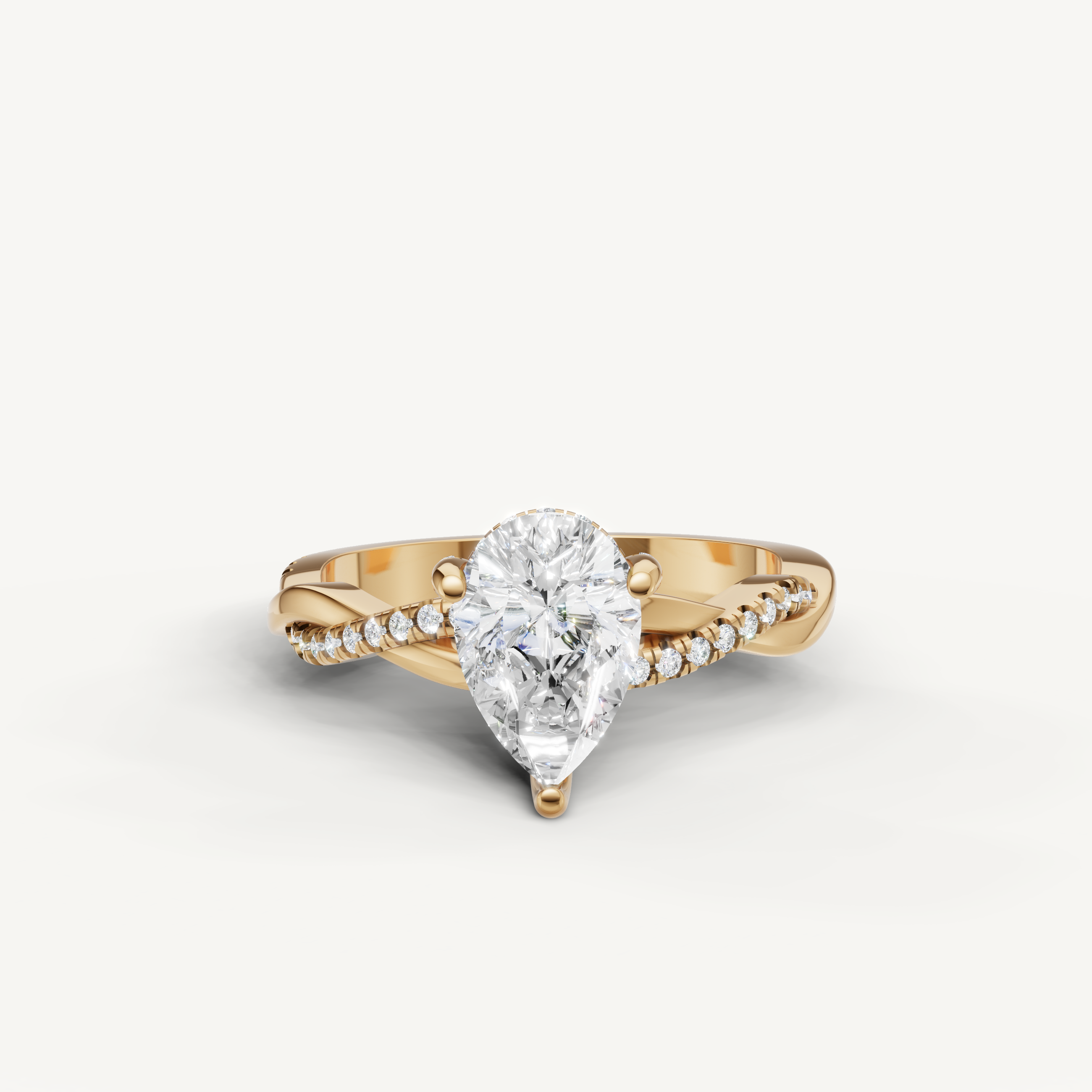 pear cut lab grown diamond bypass engagement ring in 14k yellow gold with pavé diamond crossover band