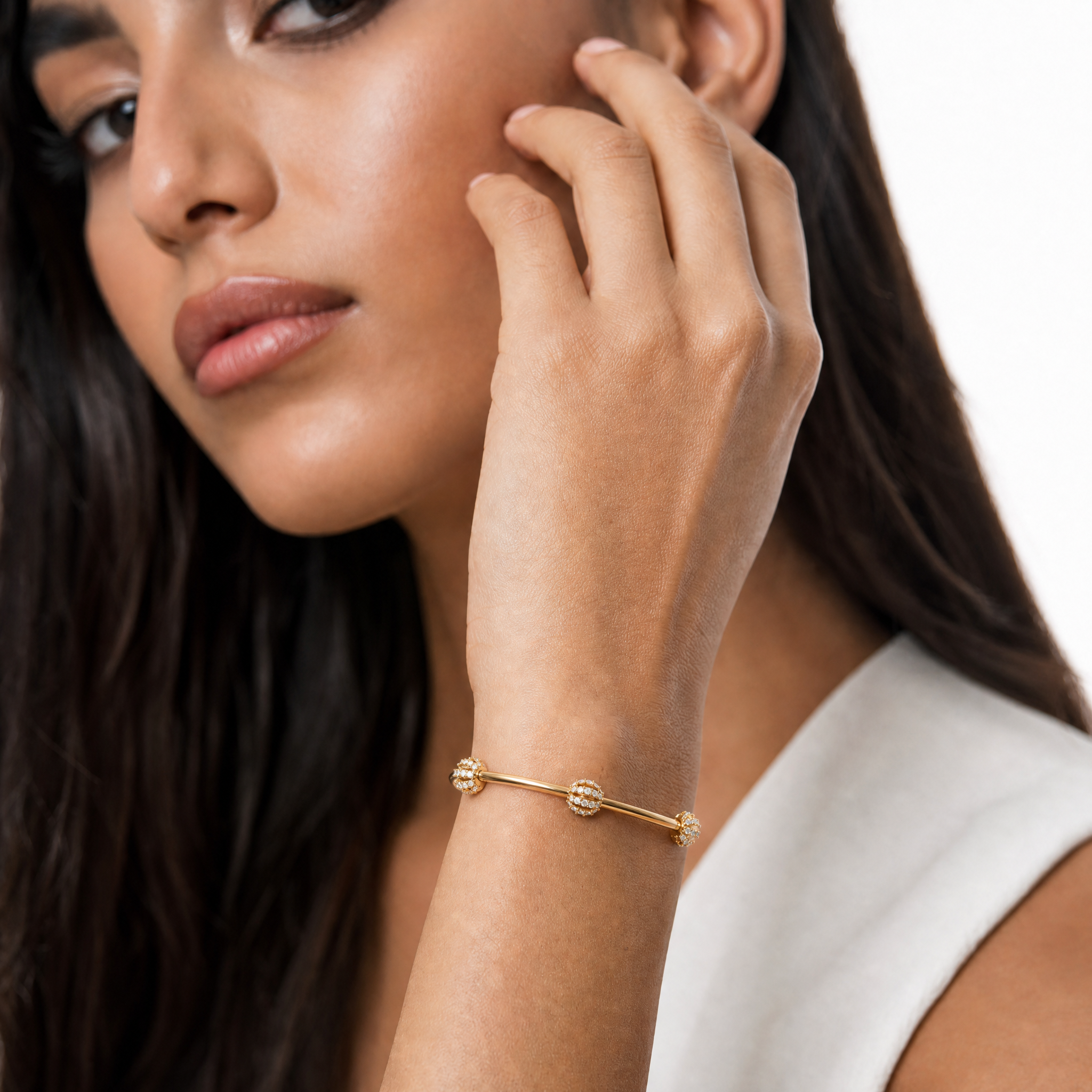 Floating Lab Grown Diamond Station Bangle Bracelet in 14K Gold