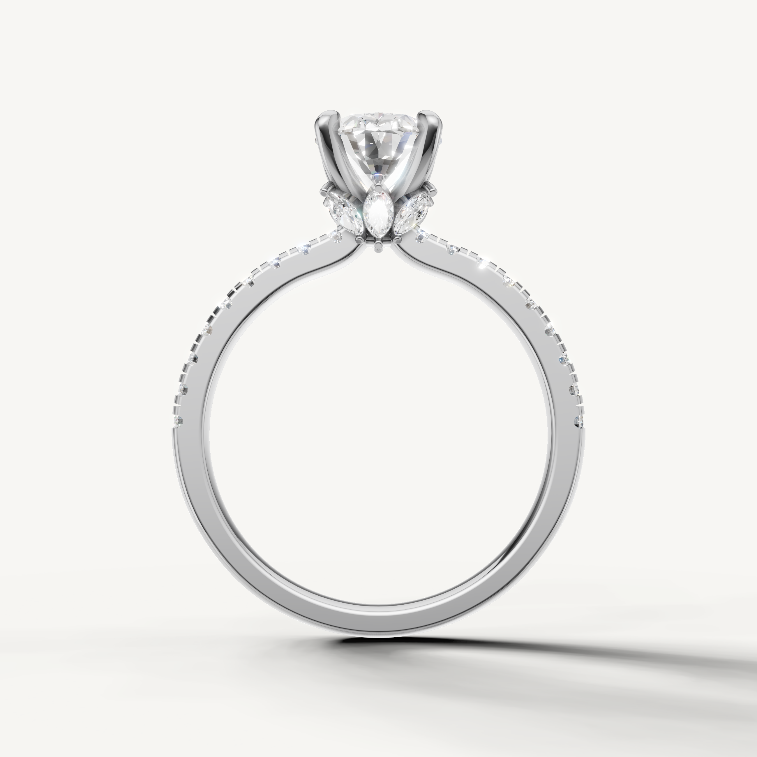 Oval shape lab grown diamond ring with half pavé band white gold elegant style