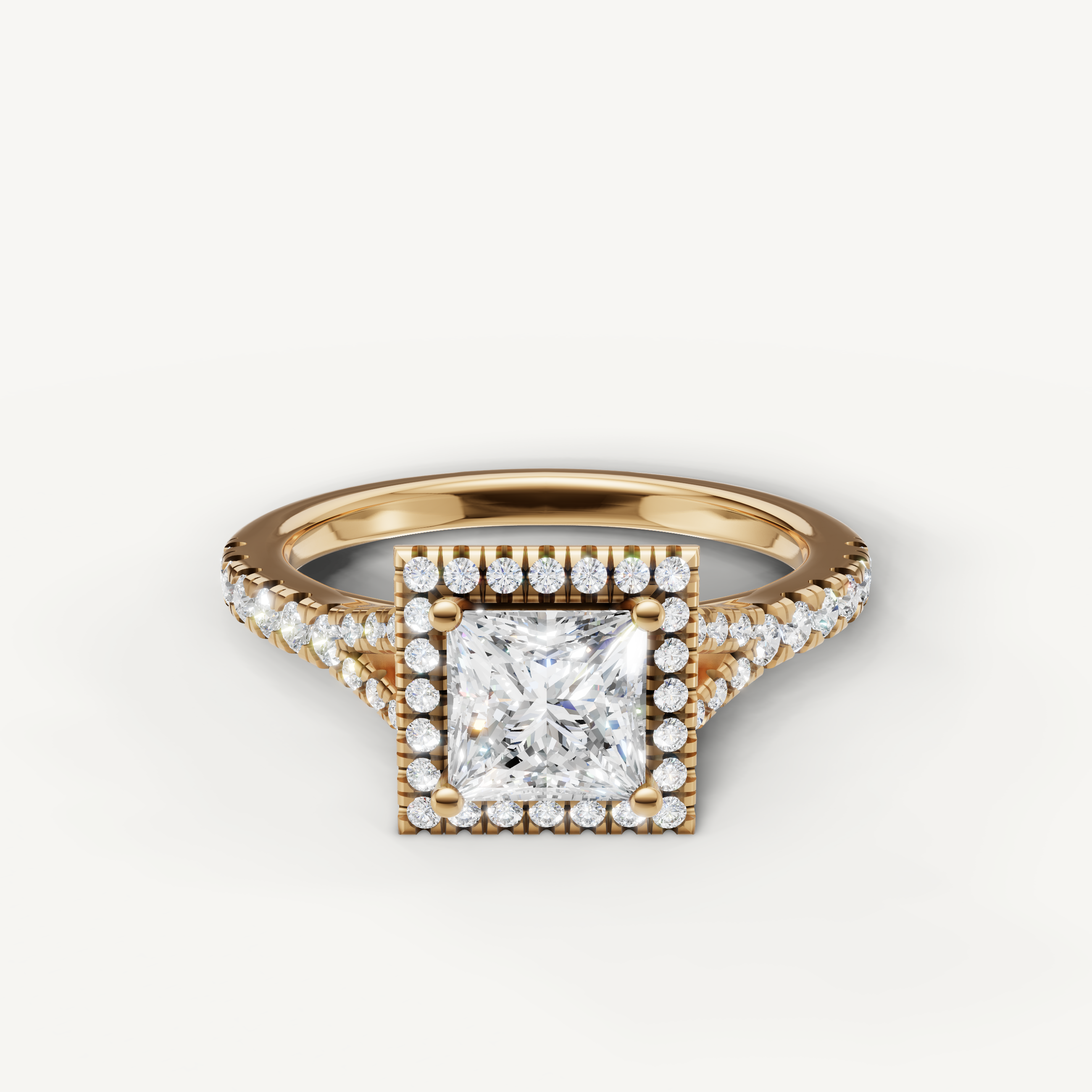 Princess cut halo pavé lab grown diamond engagement ring in 14K yellow gold