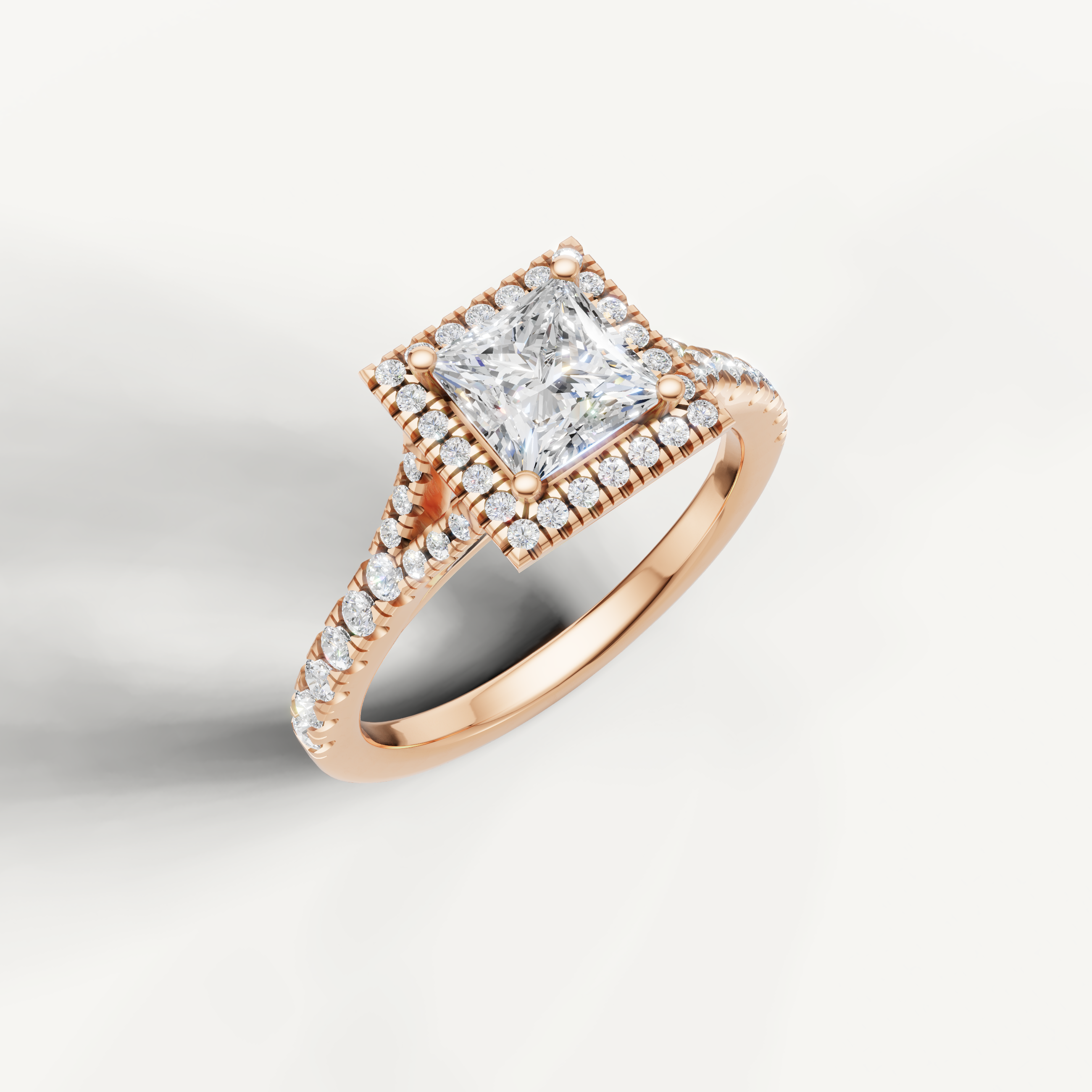 IGI certified princess cut lab diamond halo ring with pavé band rose gold DEF VVS