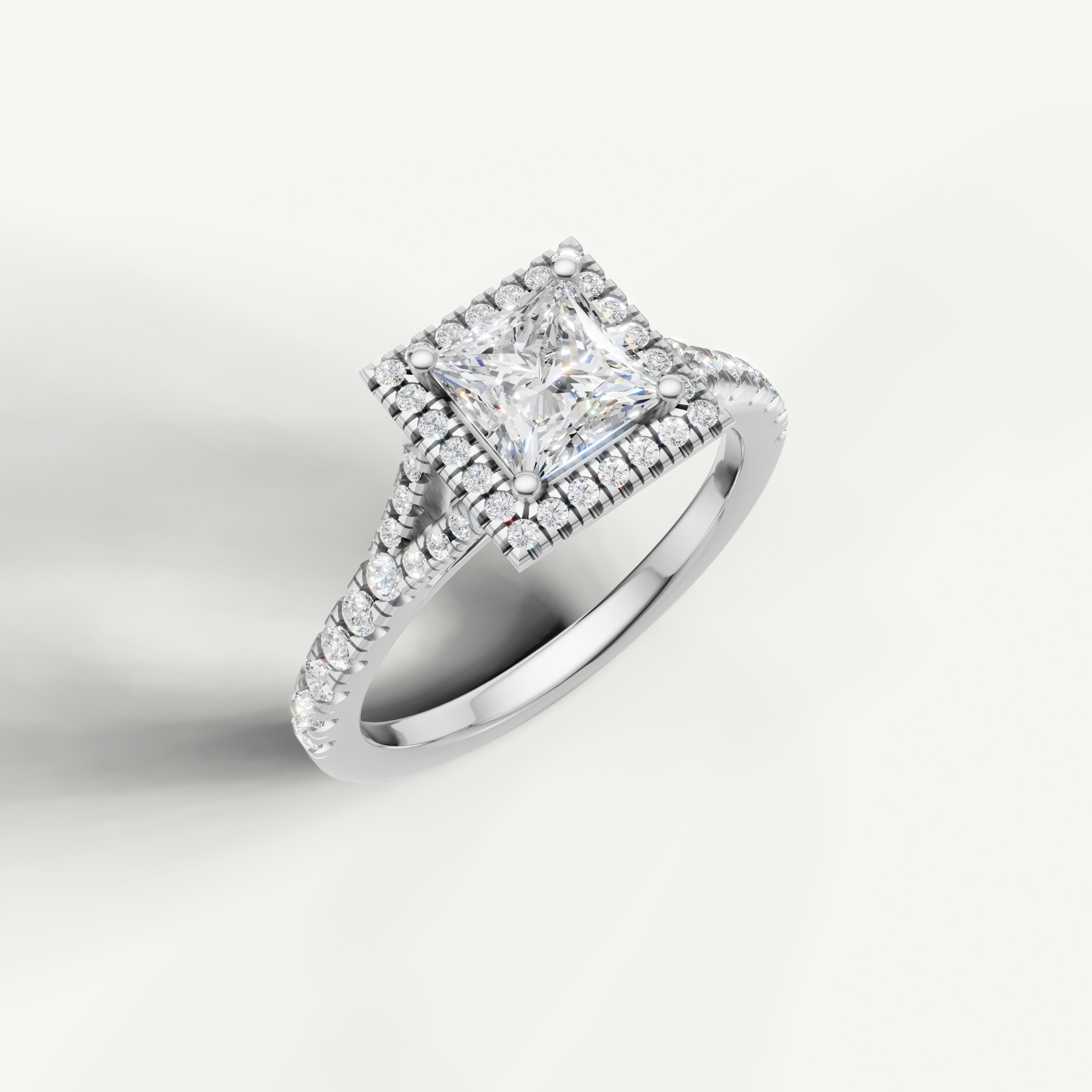 IGI certified princess cut lab diamond halo ring with pavé band white gold DEF VVS