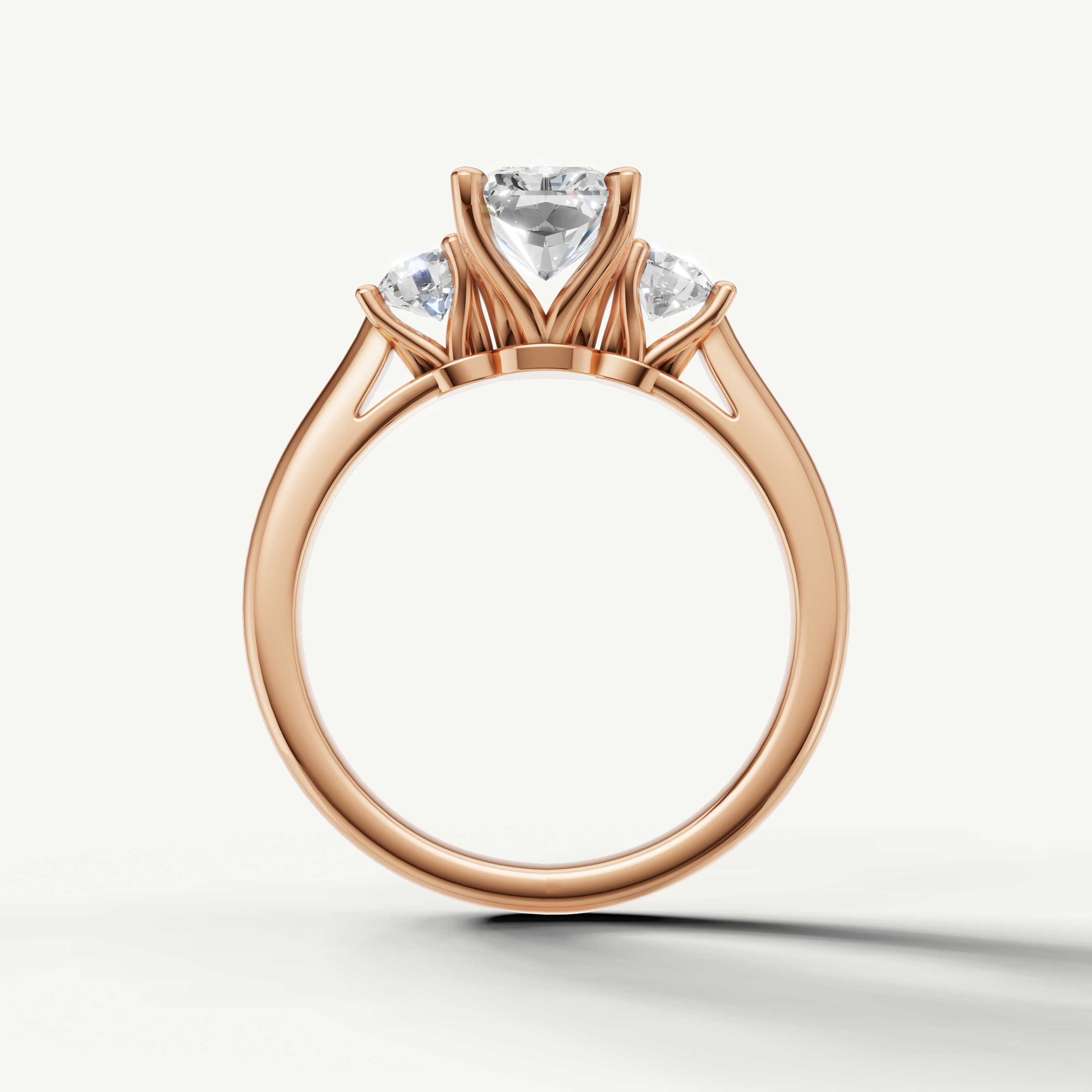 Romantic radiant lab grown diamond ring with round side stones in rose gold