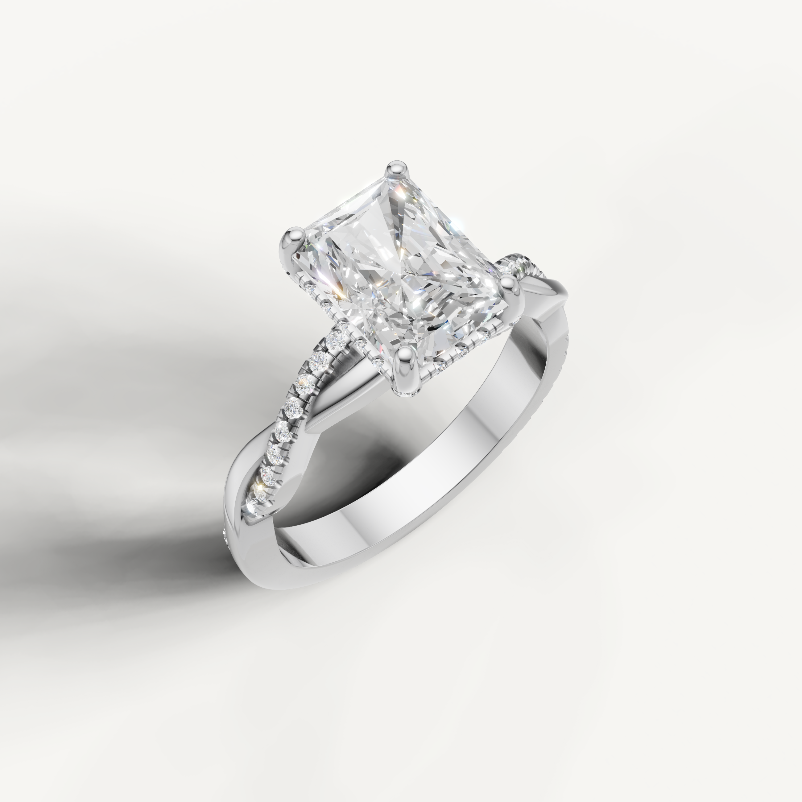 sophisticated radiant cut lab grown diamond engagement ring in 14k white gold with twisted pavé split shank