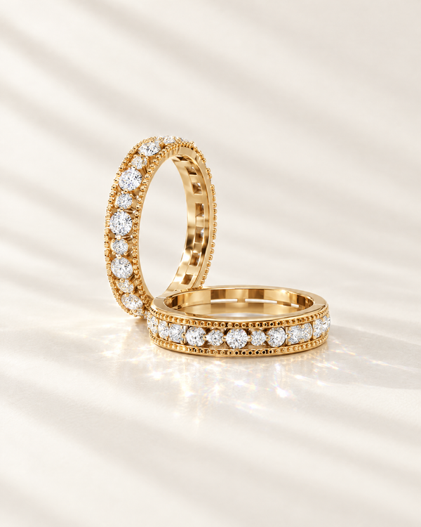 Lab-grown diamond eternity bands in yellow gold