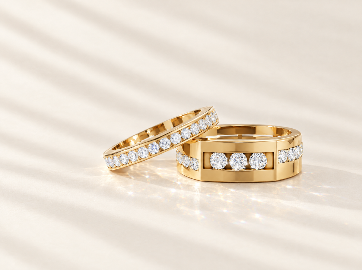 Lab-grown diamond wedding bands for her and for him in 14K yellow gold