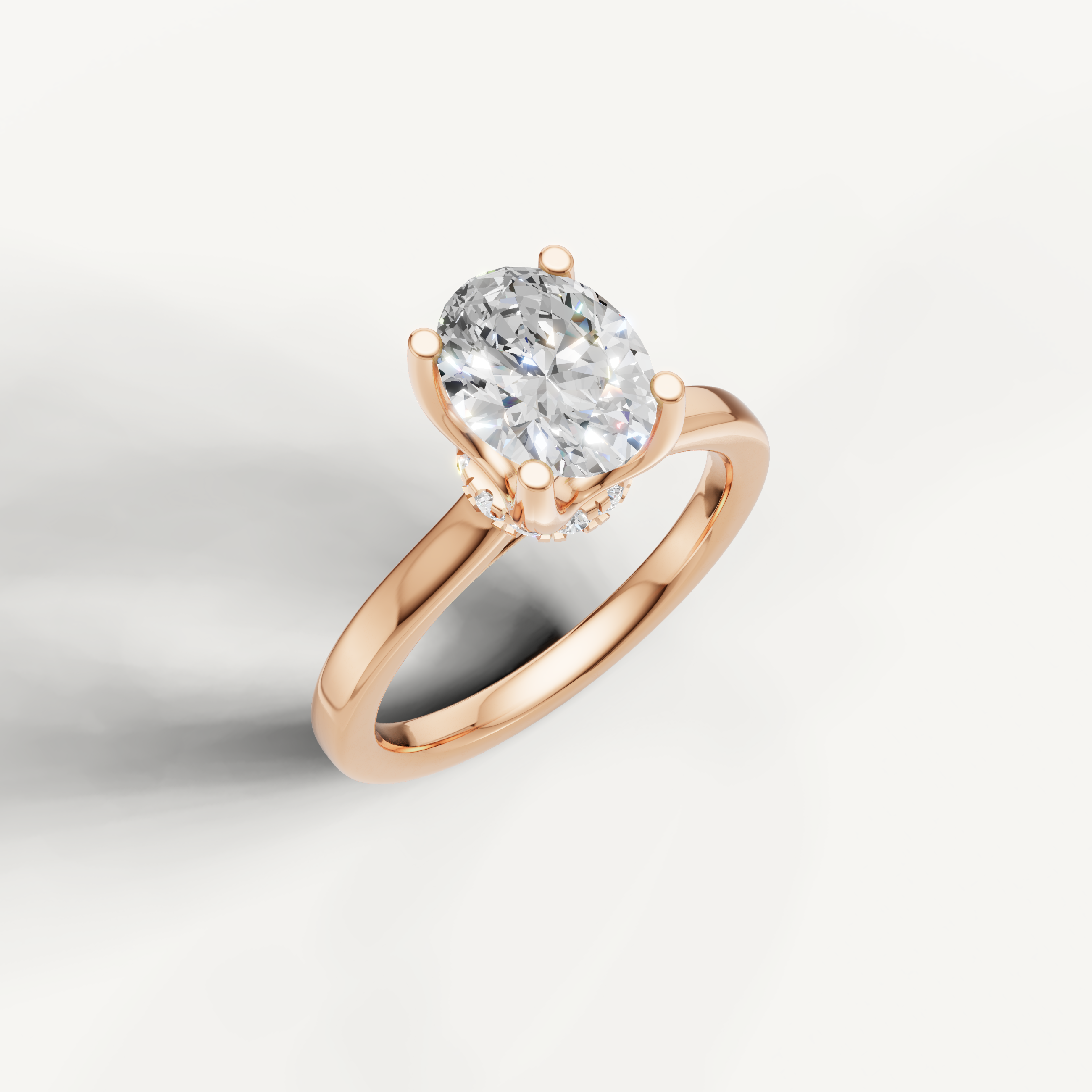 romantic oval lab grown diamond ring with polished rose gold solitaire setting