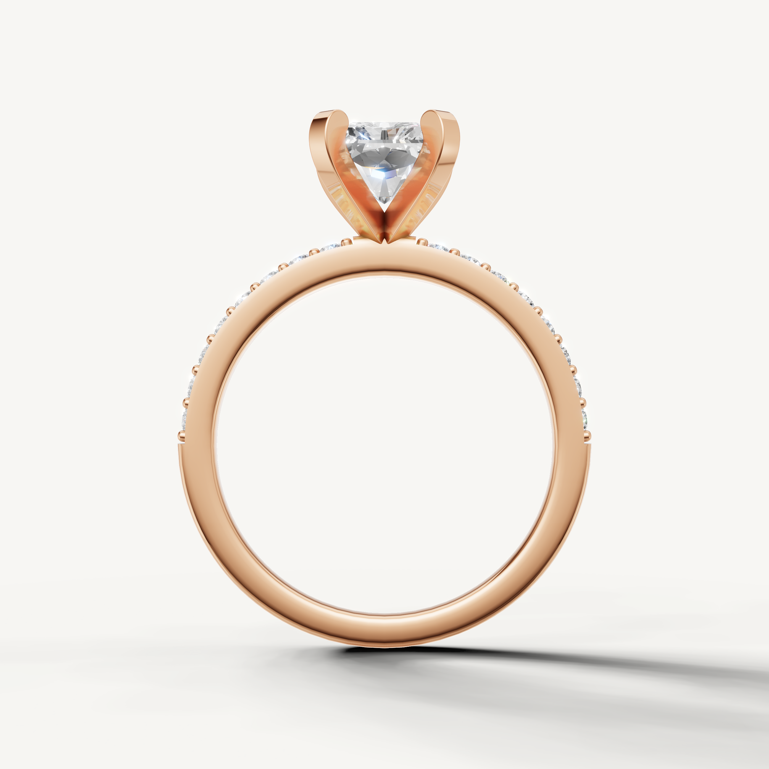 Romantic radiant cut lab grown diamond ring in rose gold slim pavé band