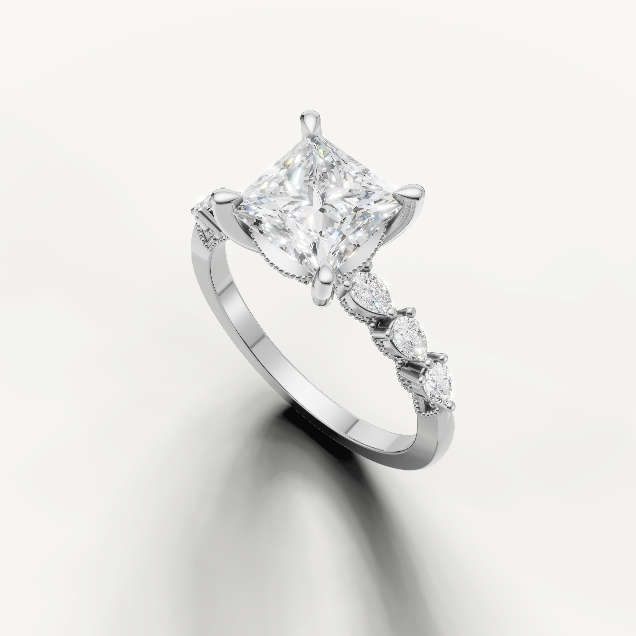 14K white gold princess cut engagement ring featuring lab grown diamond center stone and marquise side diamonds