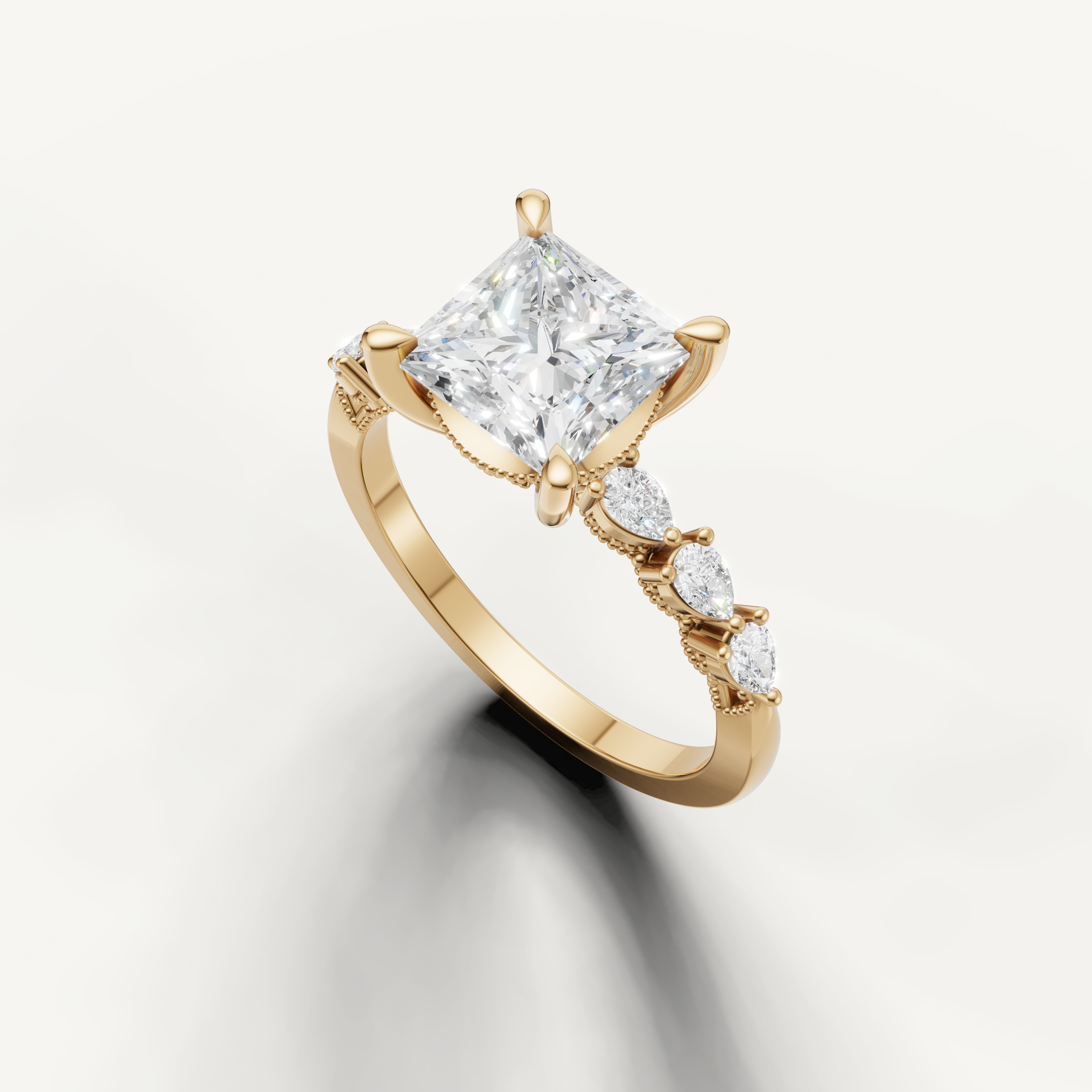 14K yellow gold princess cut engagement ring featuring lab grown diamond center stone and marquise side diamonds