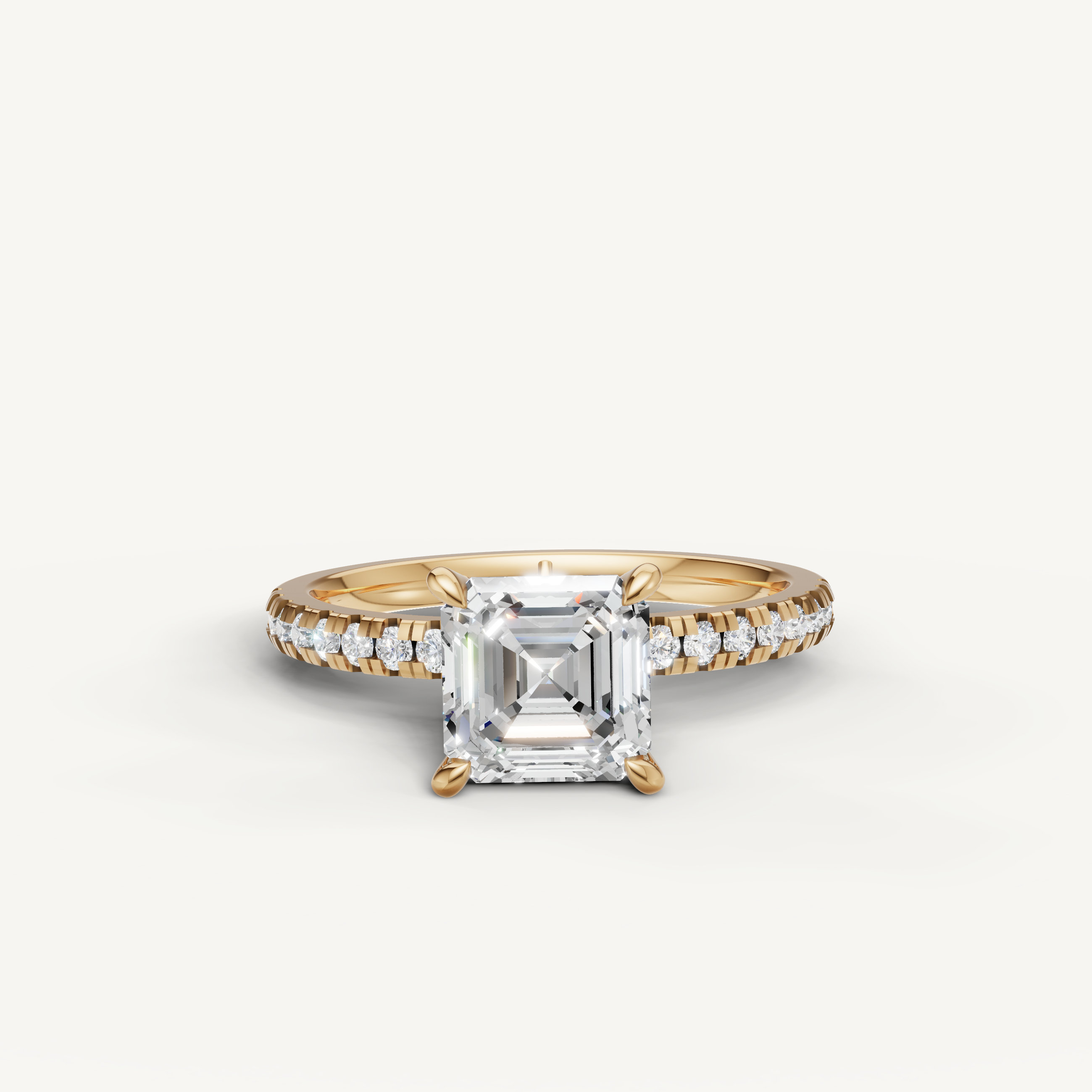 Asscher cut lab grown diamond engagement ring with pavé band yellow gold 4 prong setting