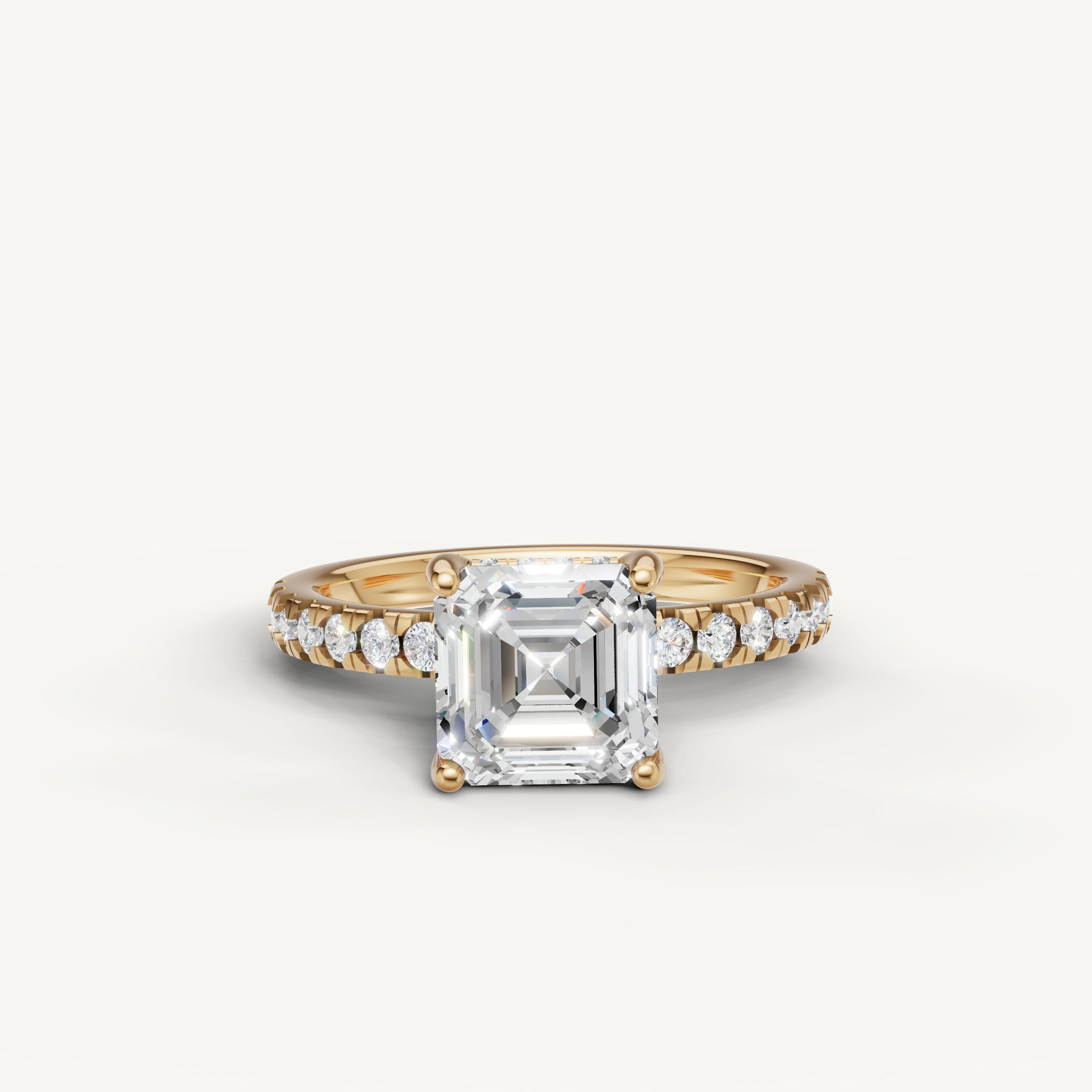 Asscher cut lab grown diamond engagement ring with pavé band yellow gold 4 prong setting
