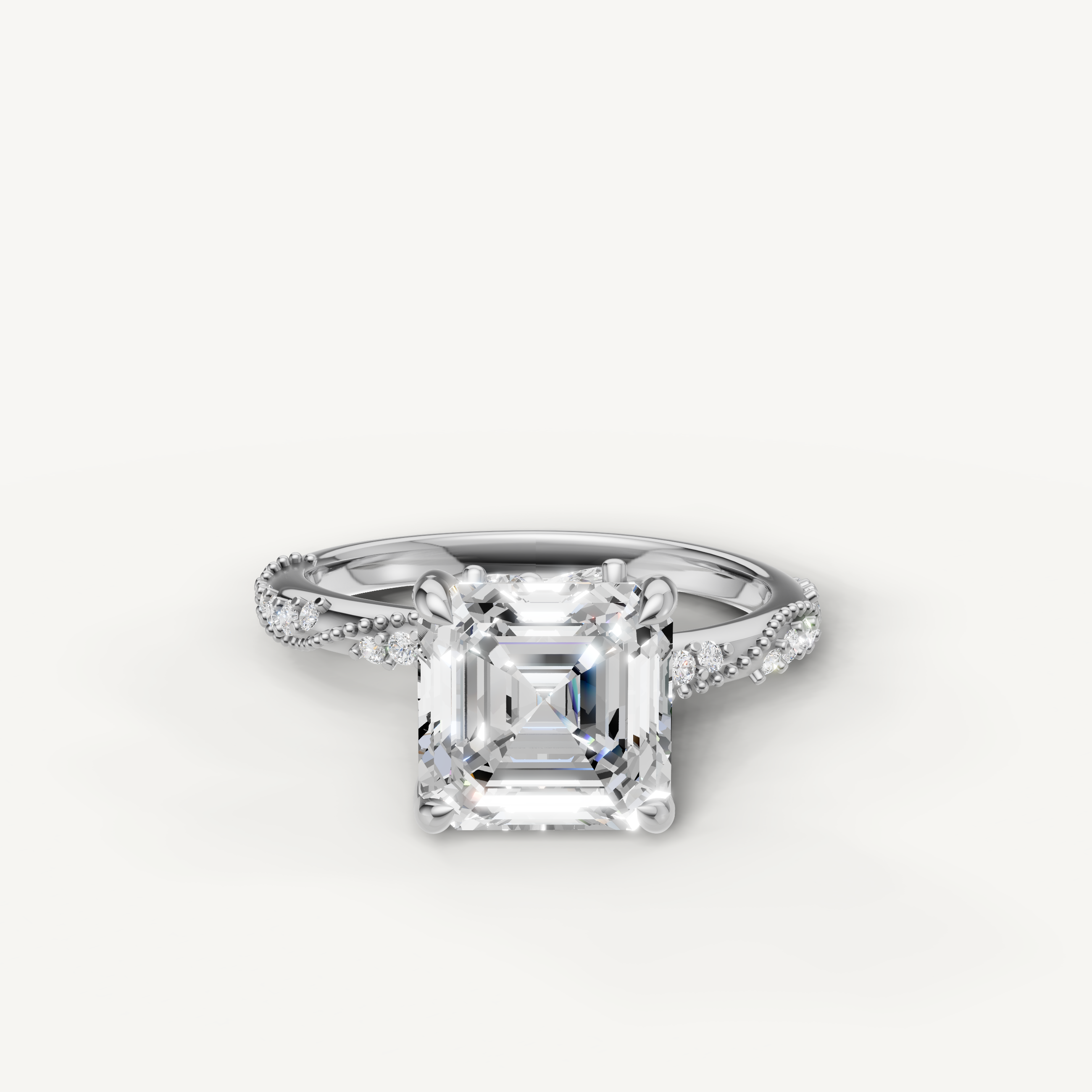 asscher cut lab grown diamond engagement ring with twisted pavé split shank white gold
