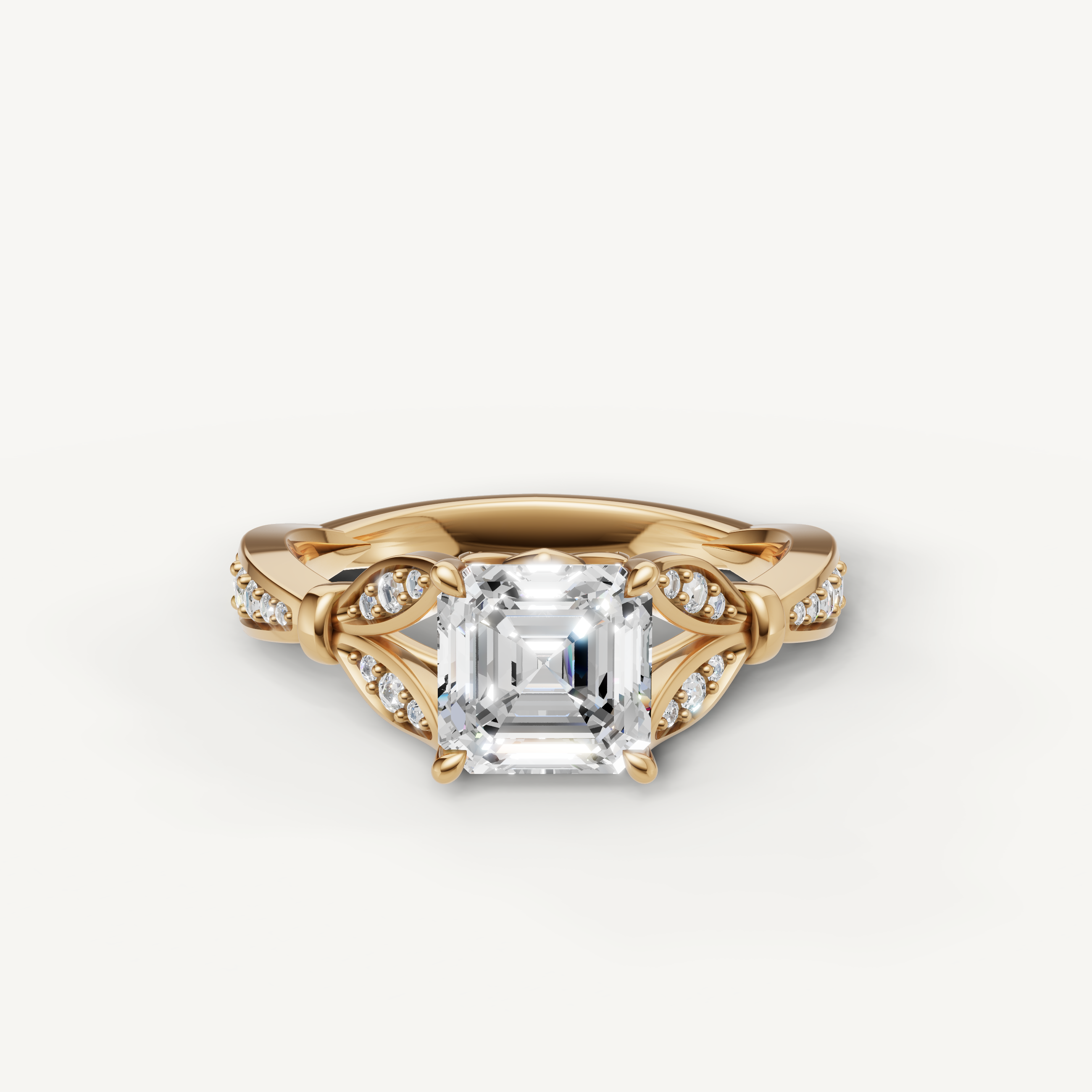 asscher cut lab grown diamond engagement ring with vintage knot pavé band yellow gold