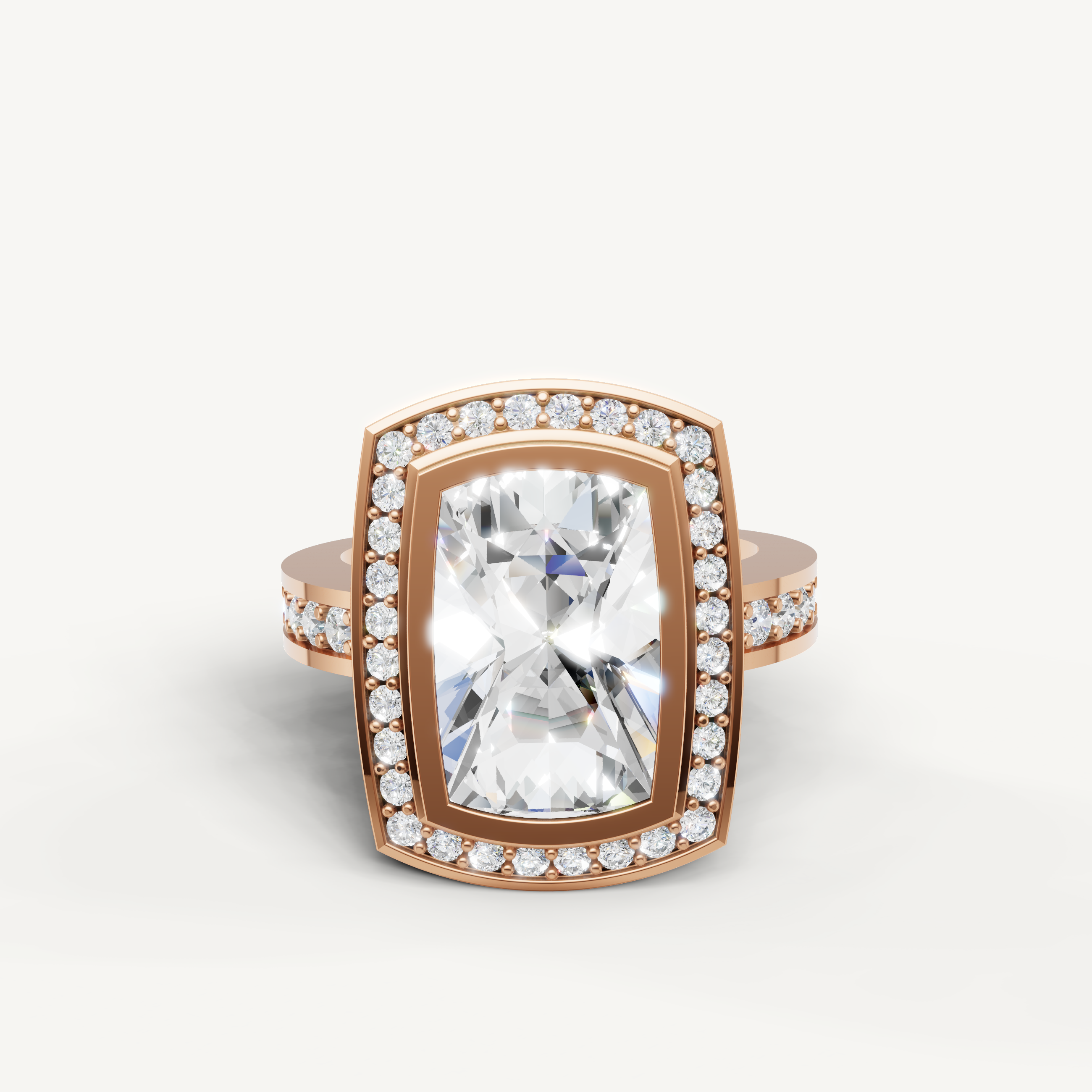 Rose gold cushion cut halo ring with elegant pavé diamonds by Raul Diamonds.