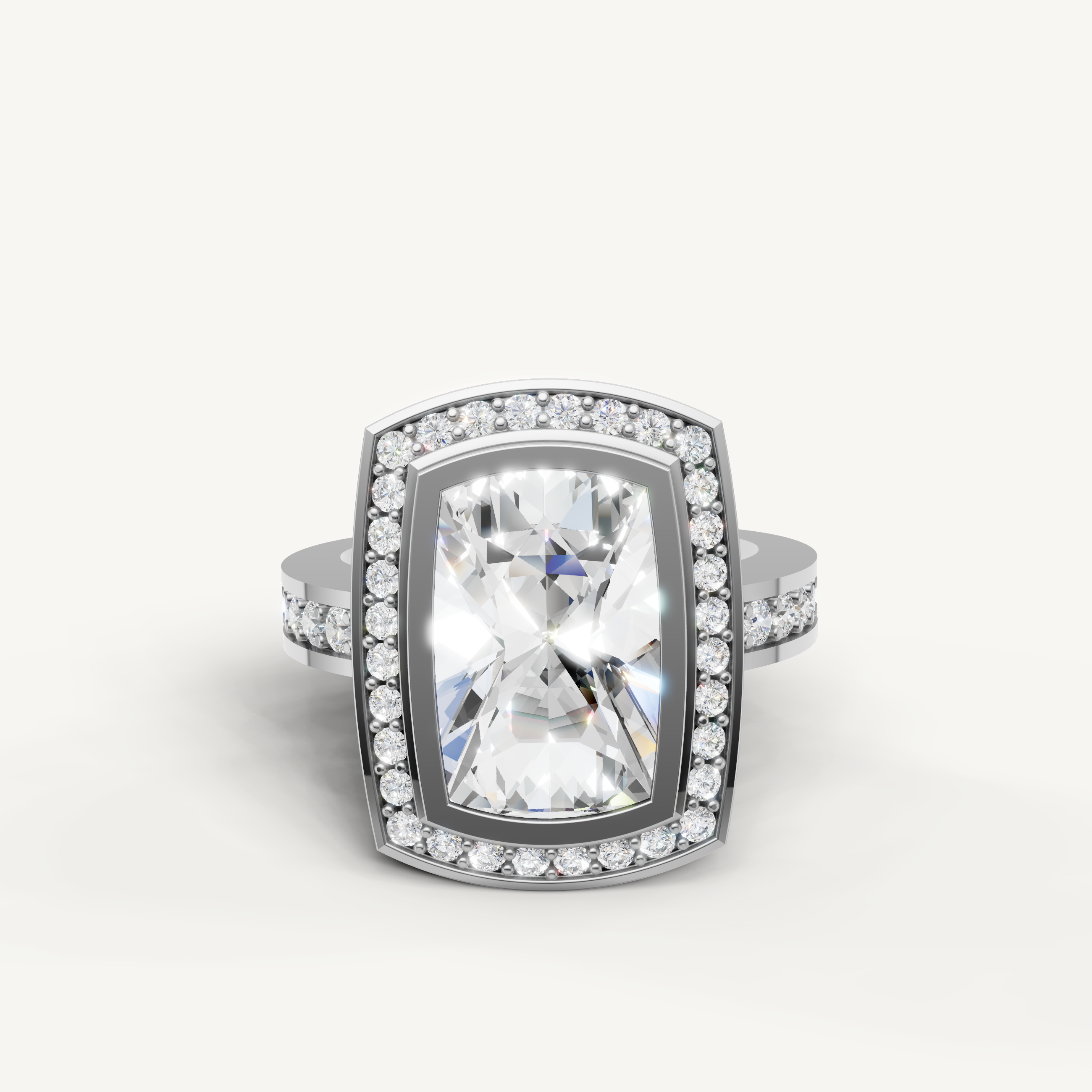 White gold cushion cut halo engagement ring by Raul Diamonds.