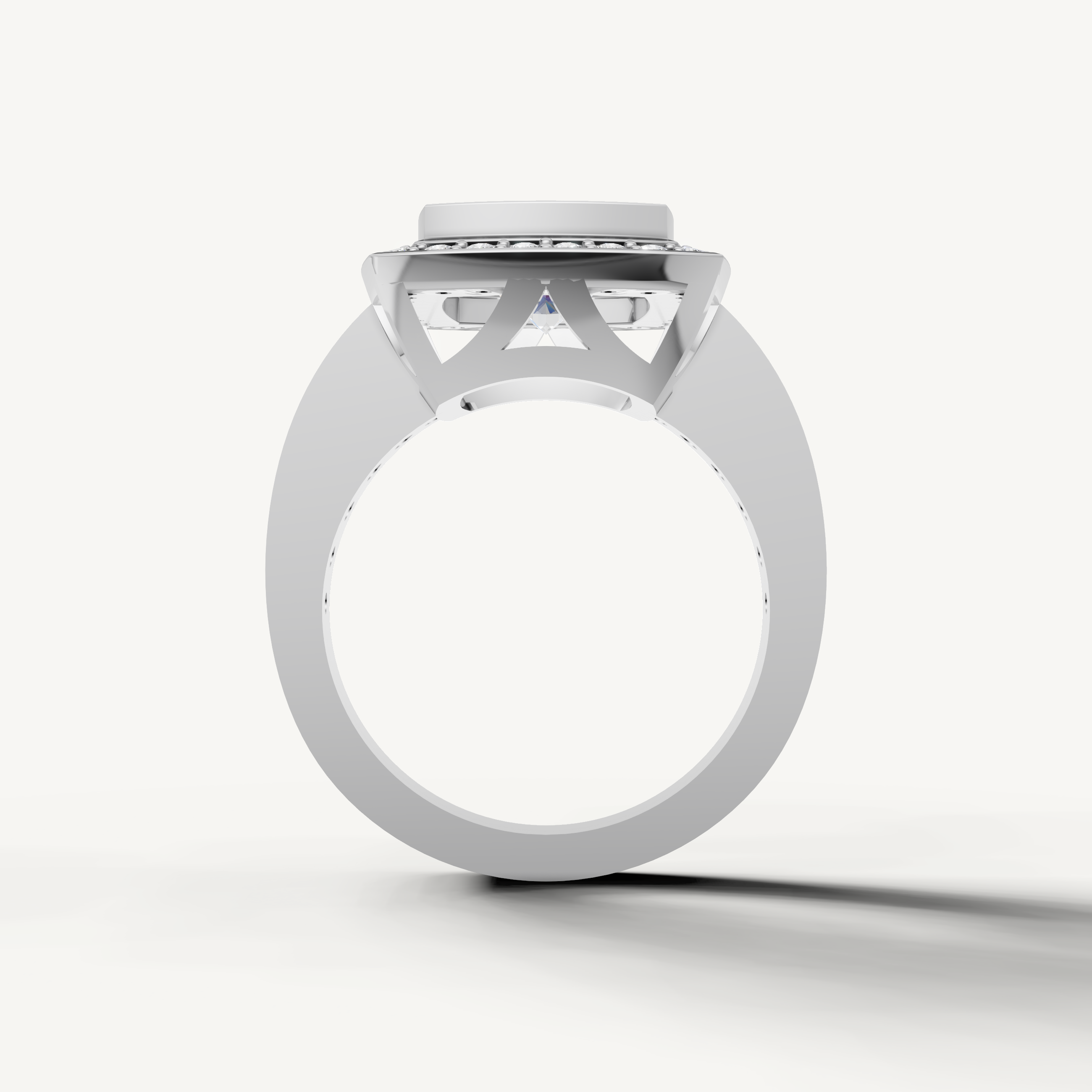 White gold cushion halo diamond ring with sparkling side stones and timeless style.
