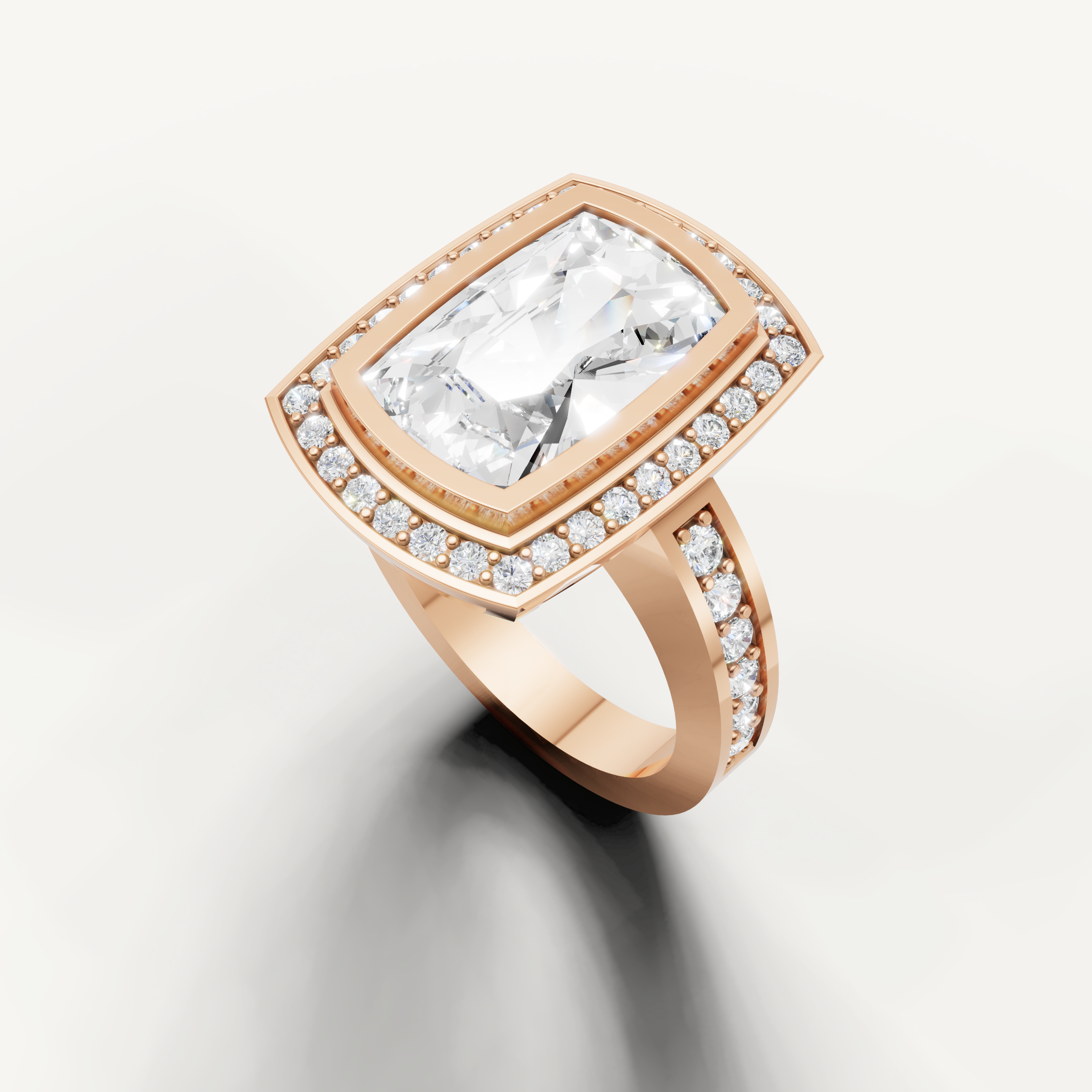 Cushion diamond engagement ring in rose gold with modern halo design.