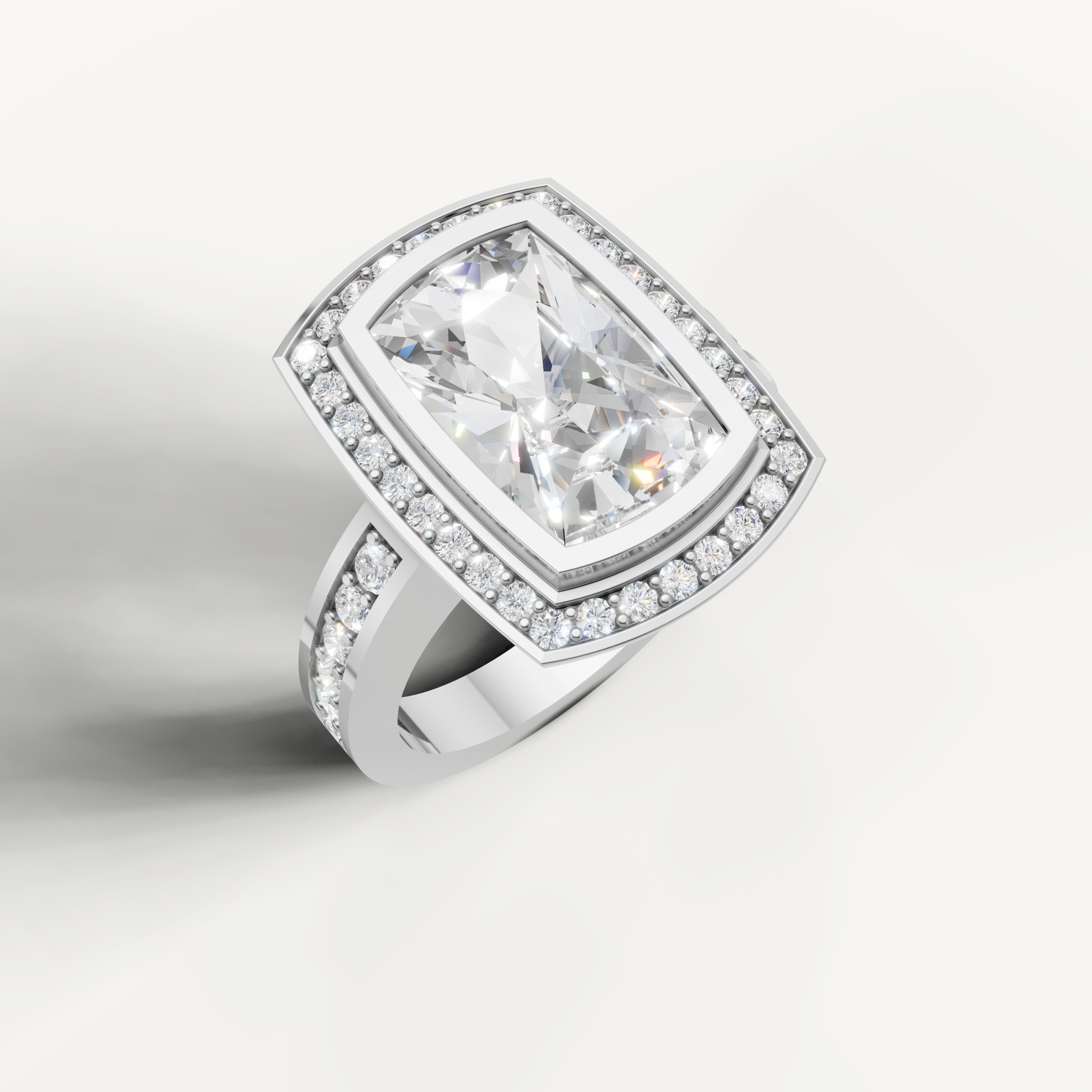 Classic white gold cushion diamond ring with elegant pavé setting.