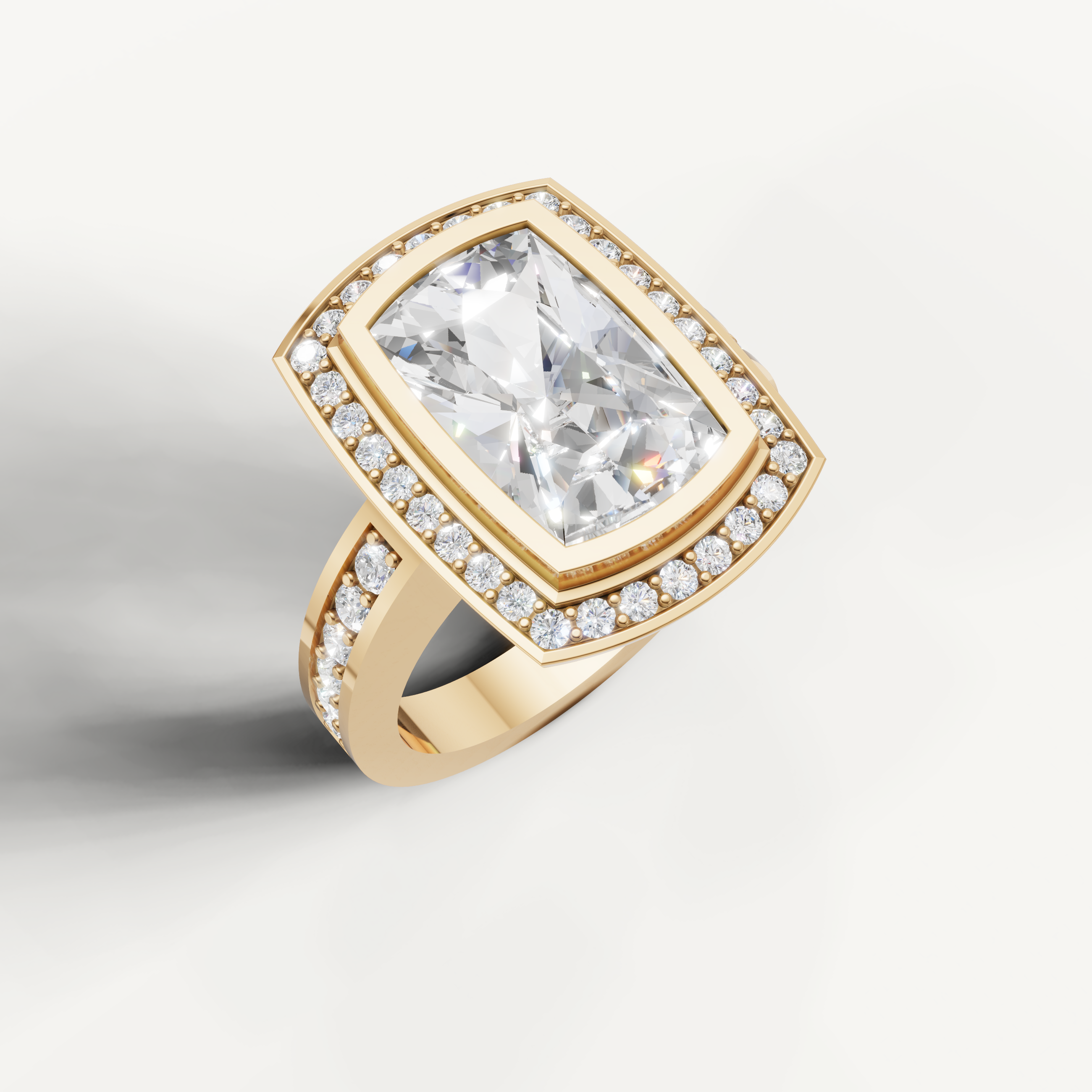 Cushion cut diamond ring with vintage inspired halo setting by Raul Diamonds.
