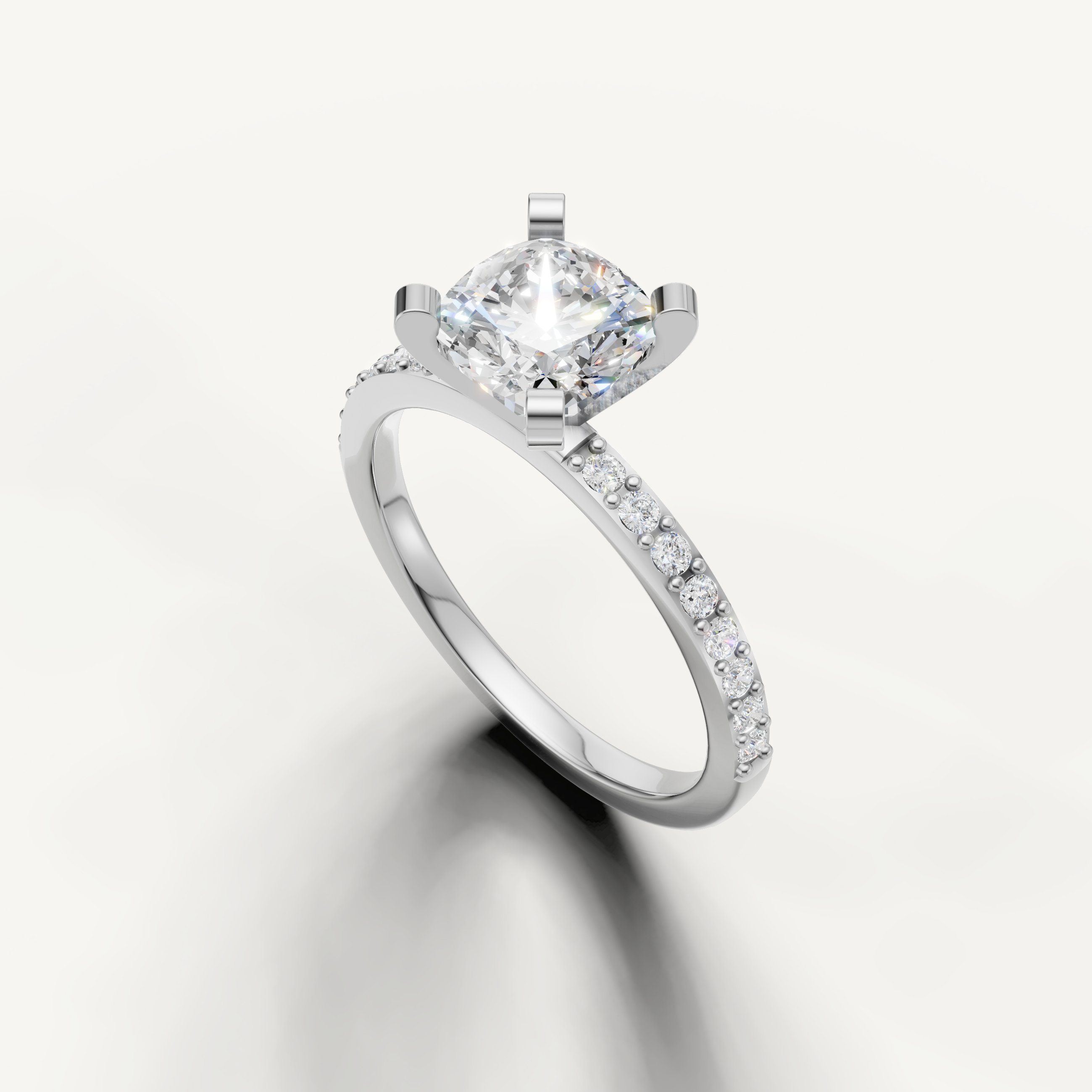 Cushion cut diamond ring in white gold with pavé band