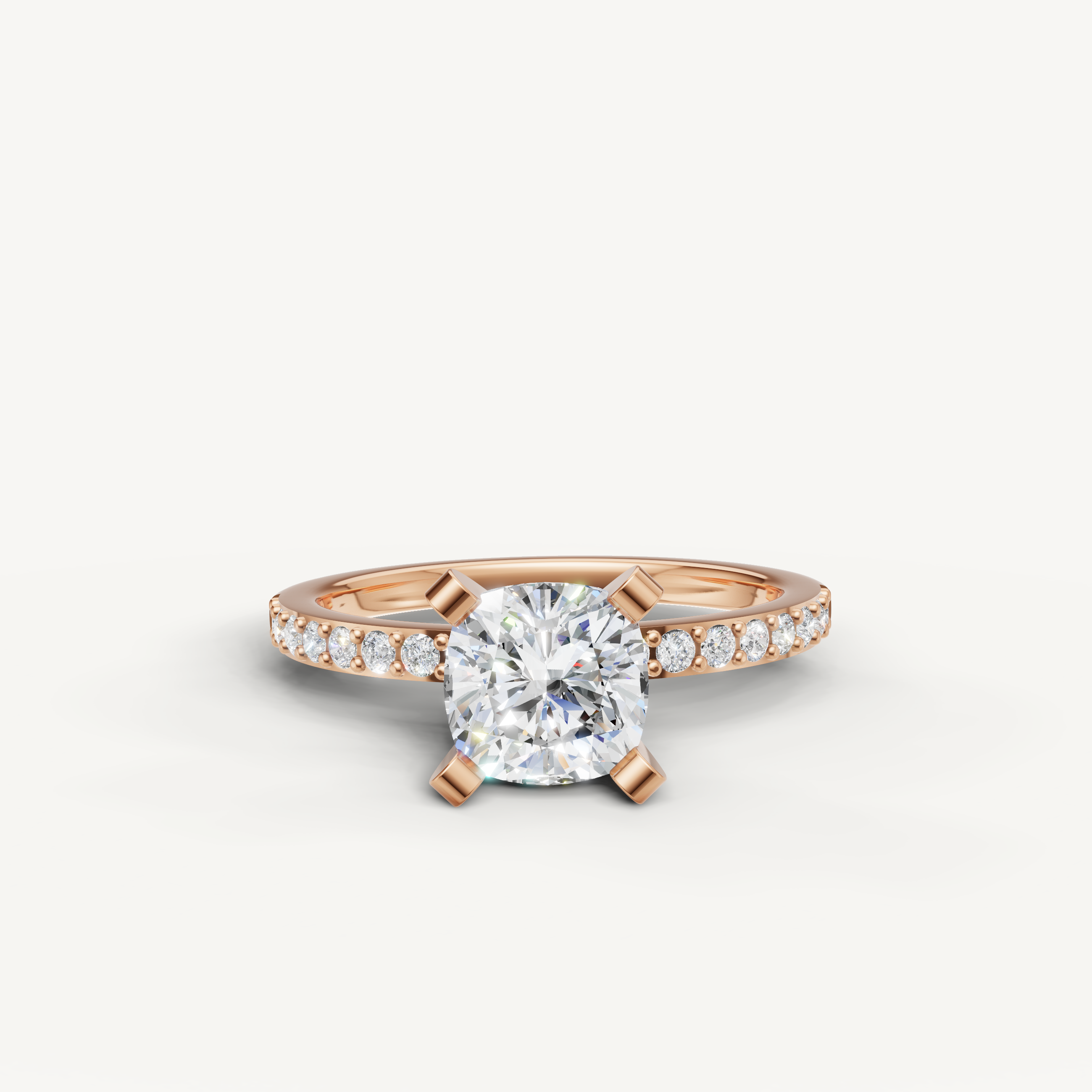 Cushion cut lab grown diamond engagement ring in 14K rose gold with pavé band