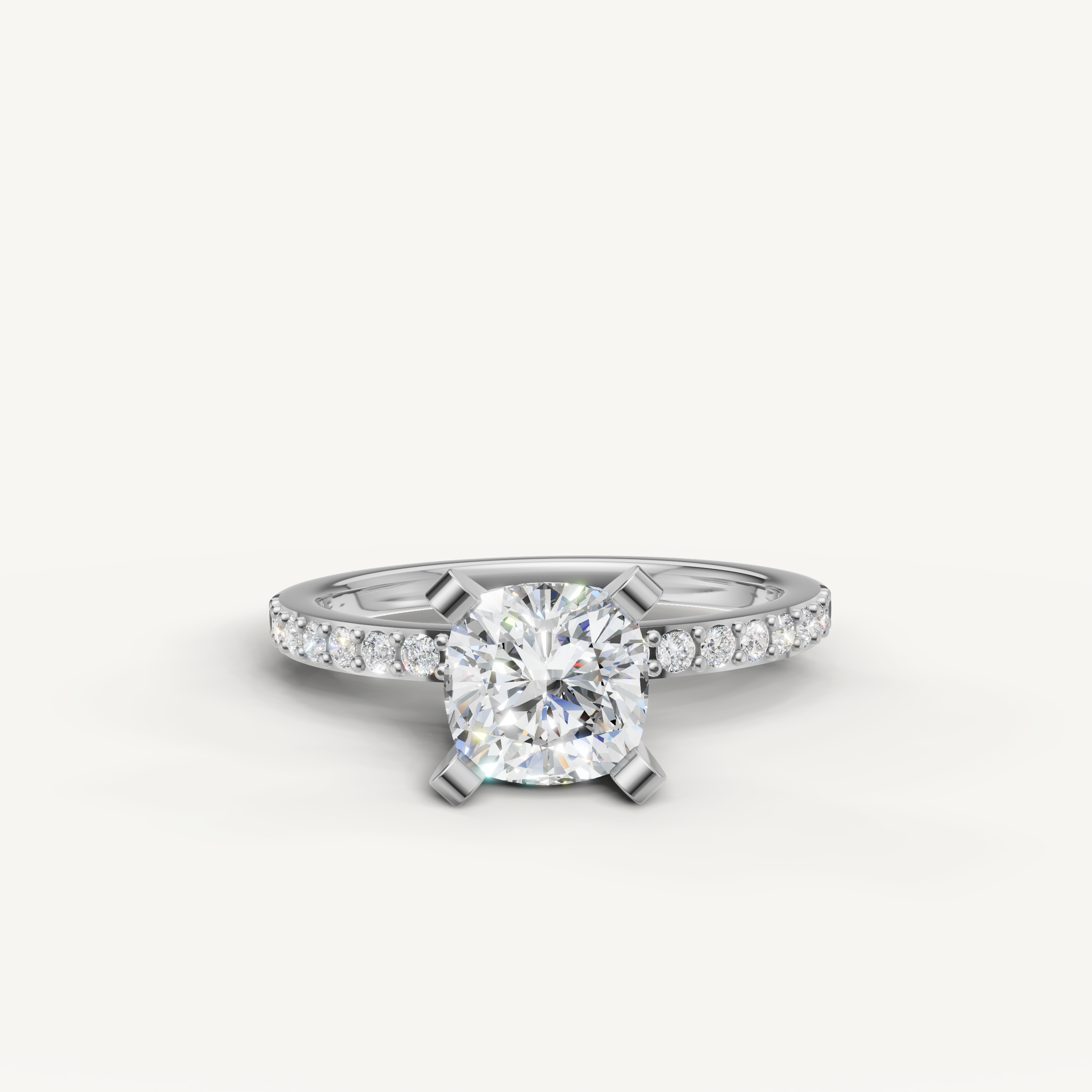 Cushion cut lab grown diamond engagement ring in 14K white gold with pavé band