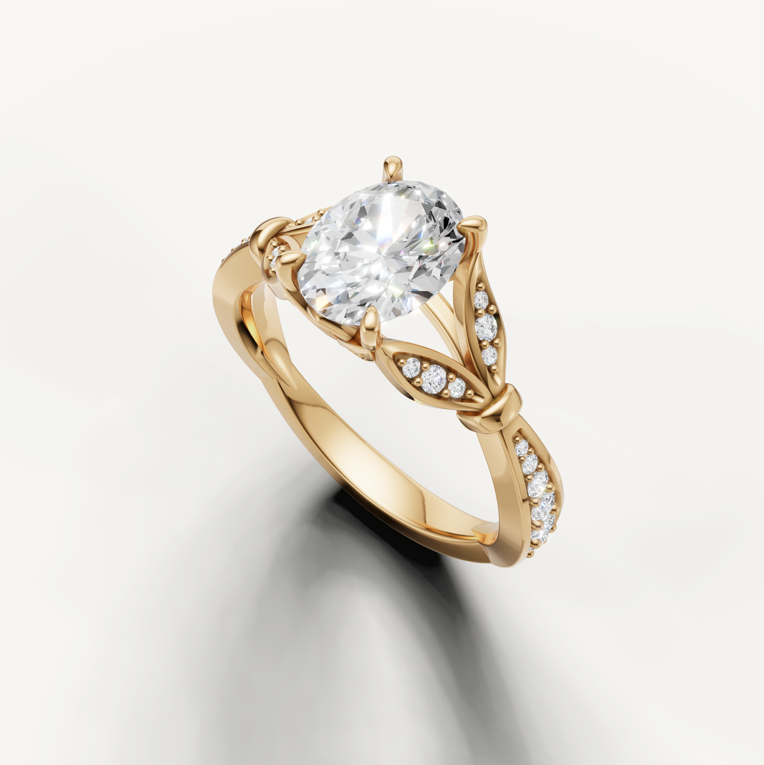 Raul Diamonds yellow gold oval cut engagement ring with vintage inspired pavé design and split detailing