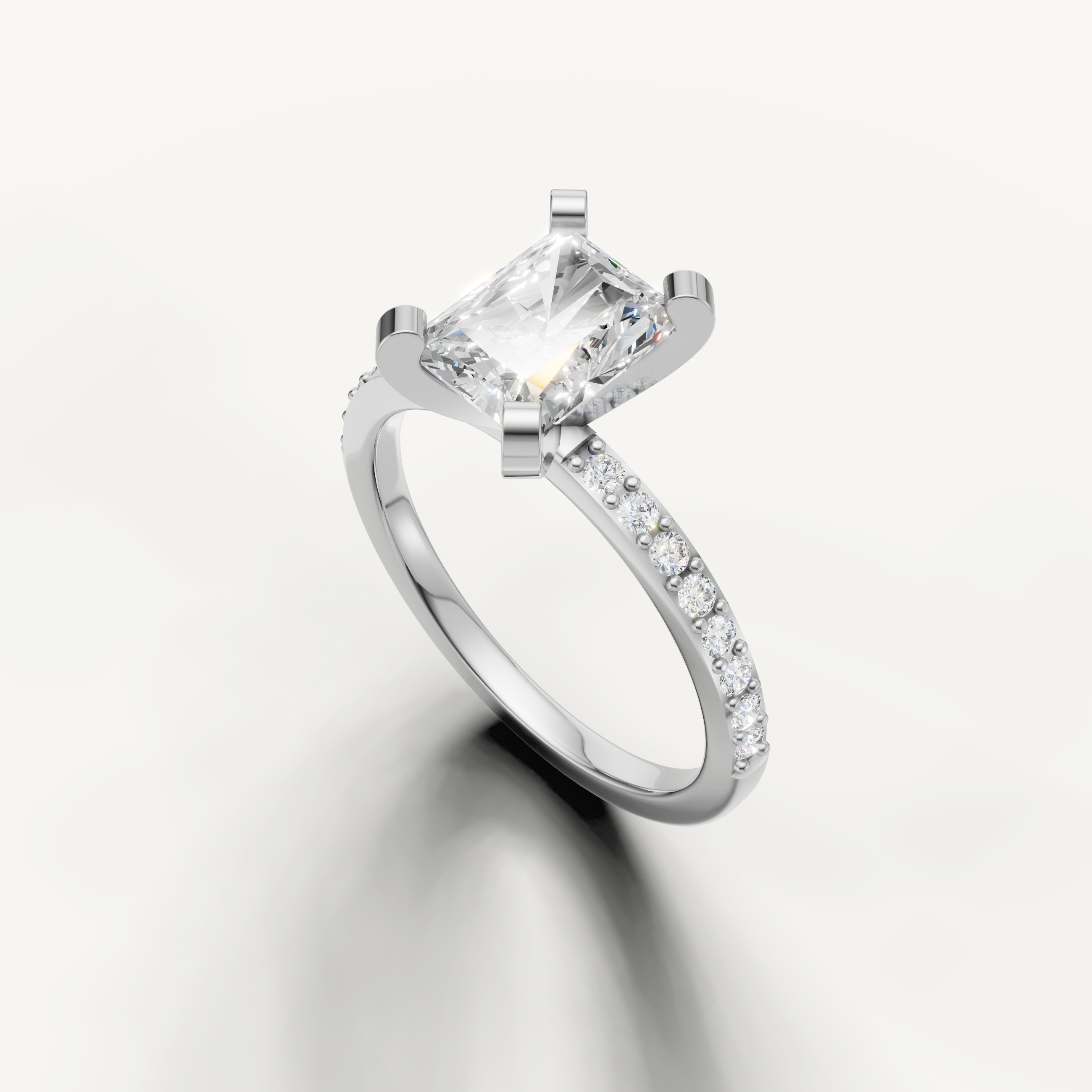 Rectangular radiant cut lab grown diamond ring in white gold micro pavé band