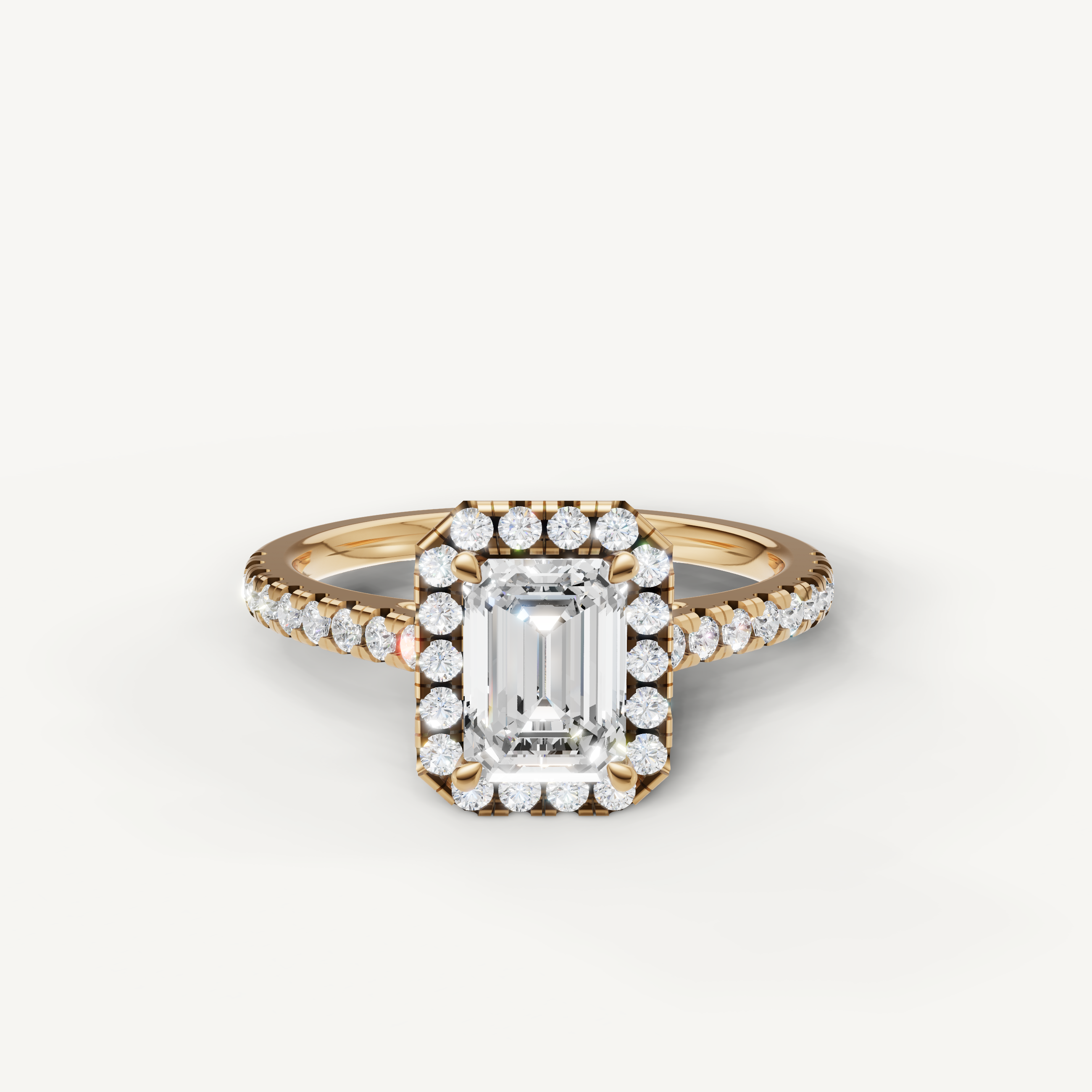 emerald cut lab grown diamond halo engagement ring with pavé band in 14k yellow gold