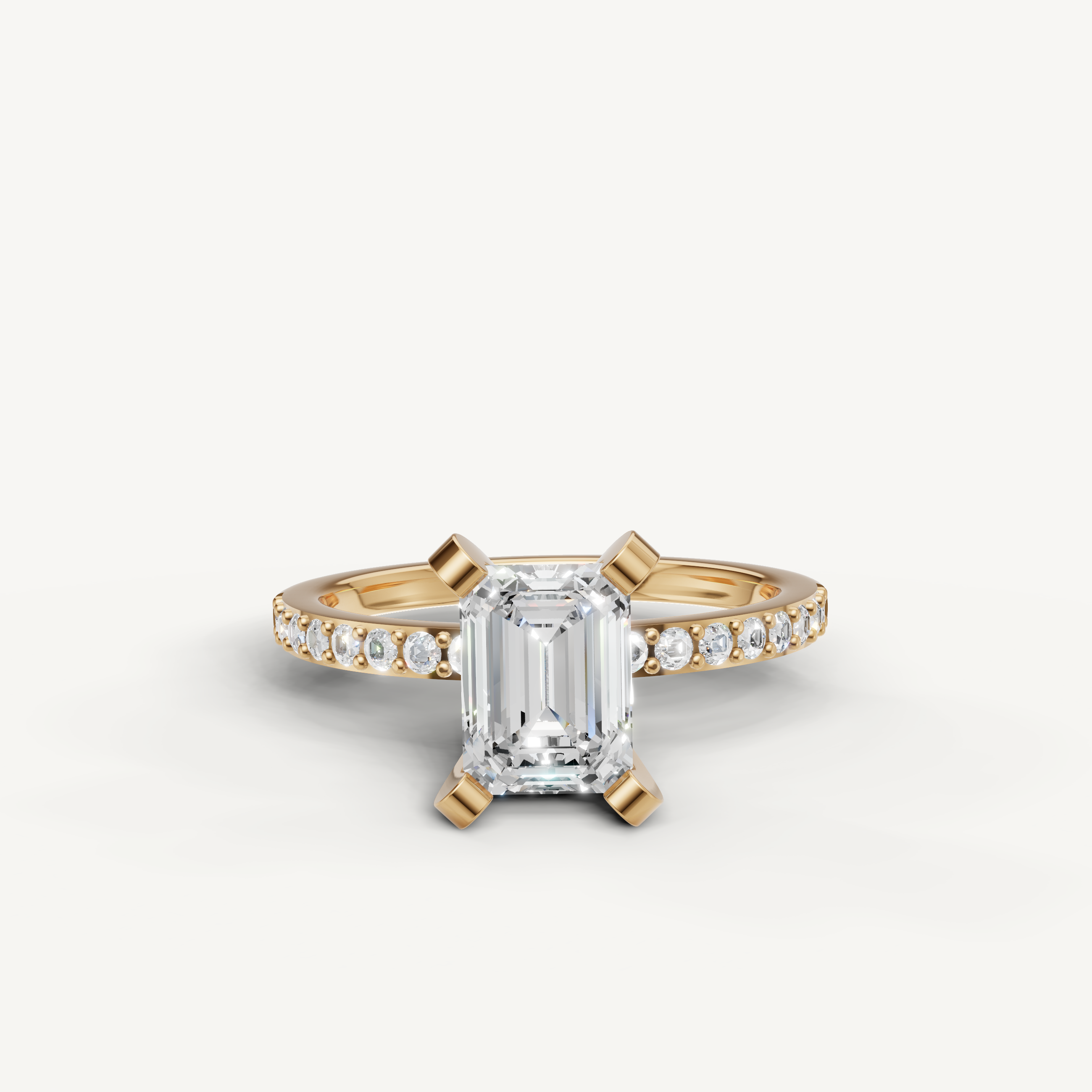 Emerald cut lab grown diamond engagement ring in 14K yellow gold with pavé band