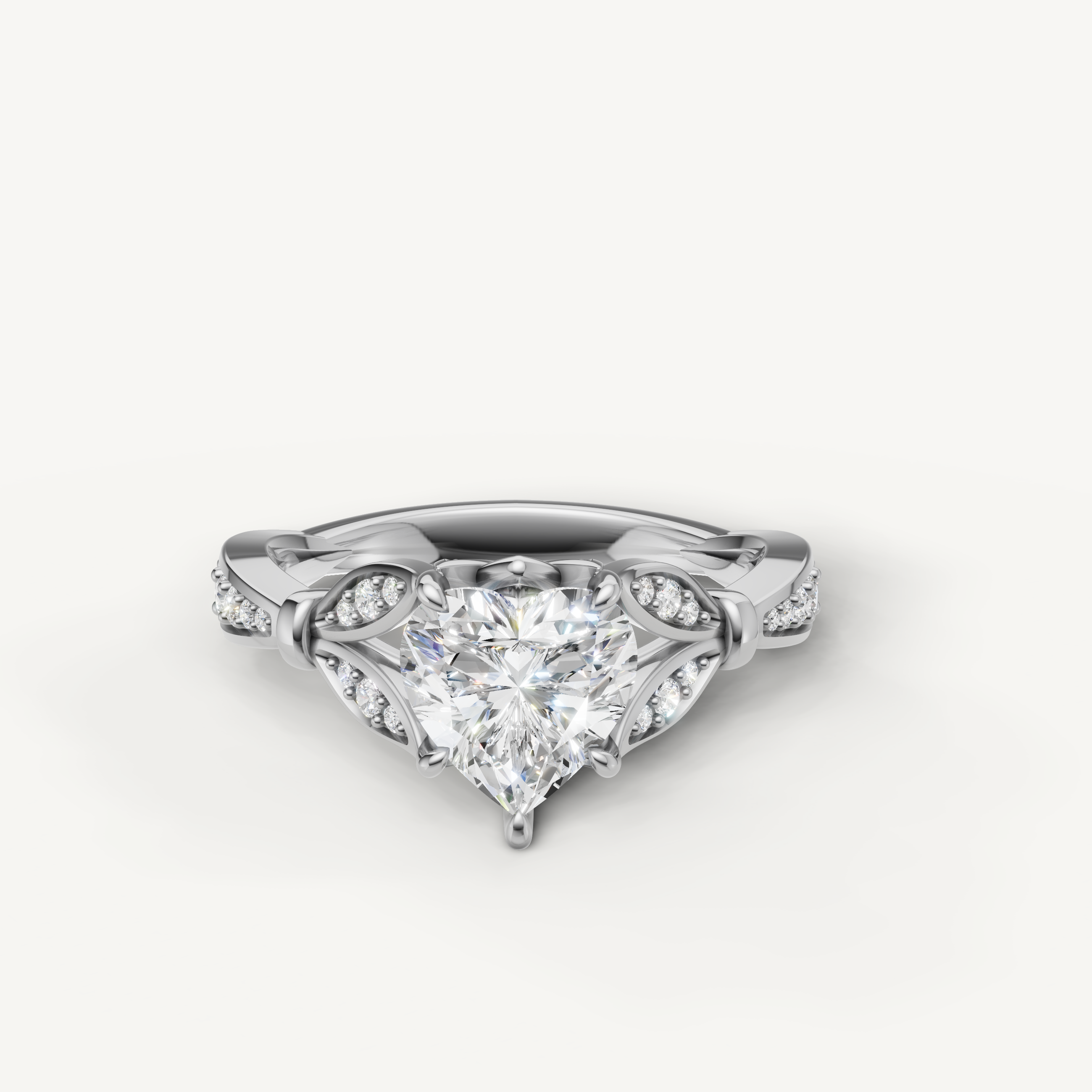 heart cut lab grown diamond engagement ring with vintage filigree pavé band white gold