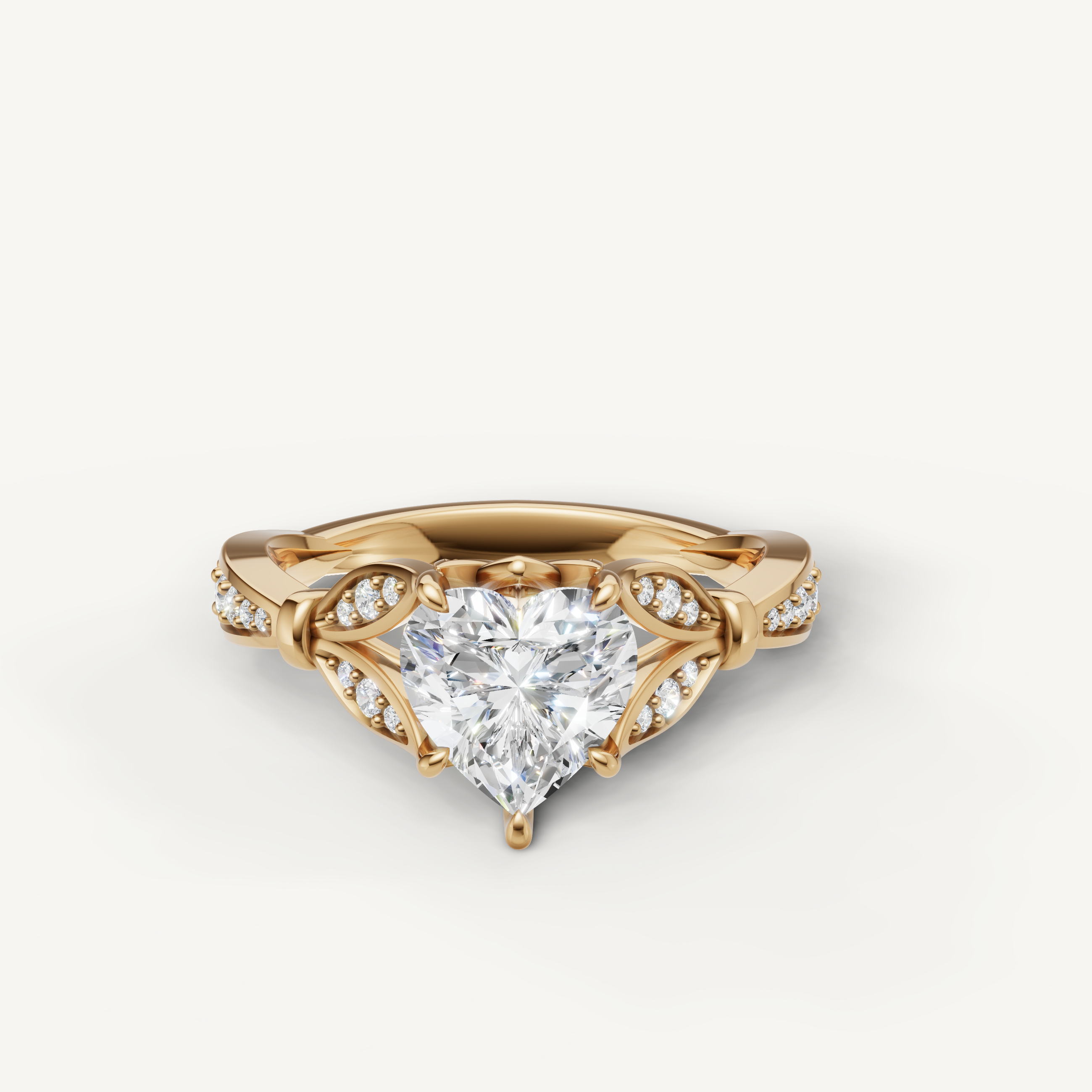 heart cut lab grown diamond engagement ring with vintage filigree pavé band yellow gold