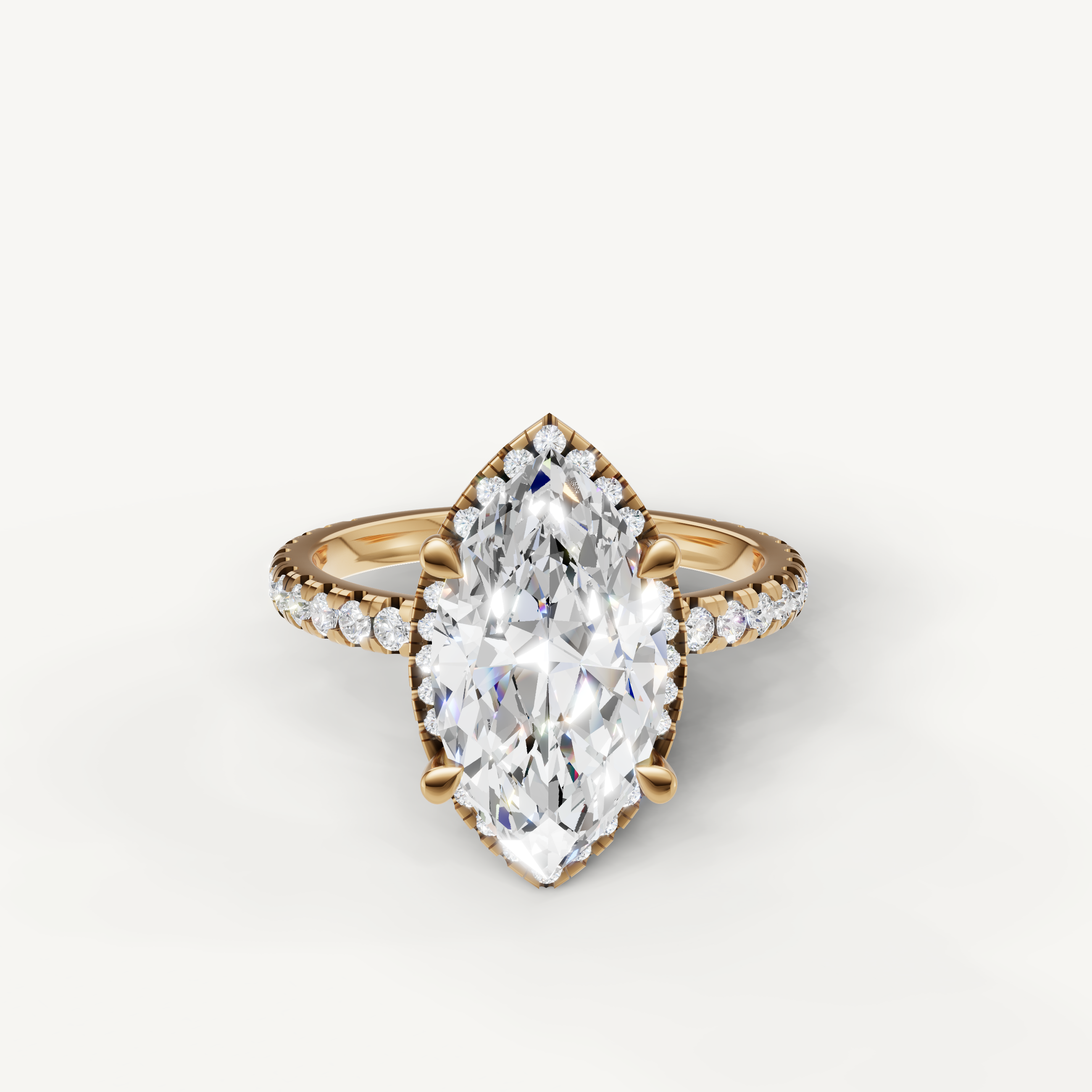 Marquise cut lab grown diamond engagement ring with hidden halo pavé band yellow gold