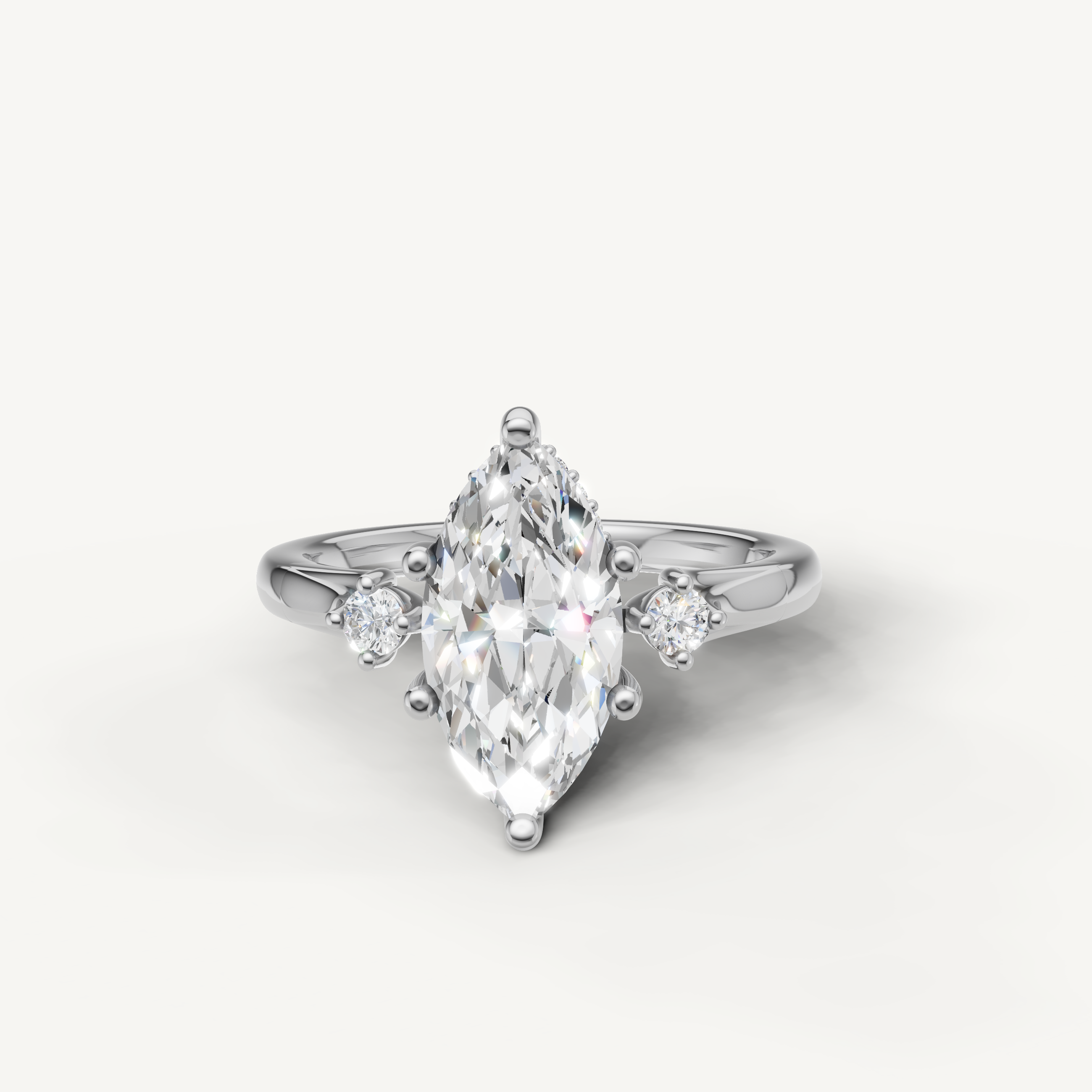 Marquise cut lab grown diamond engagement ring in 14K white gold with sparkling side stones
